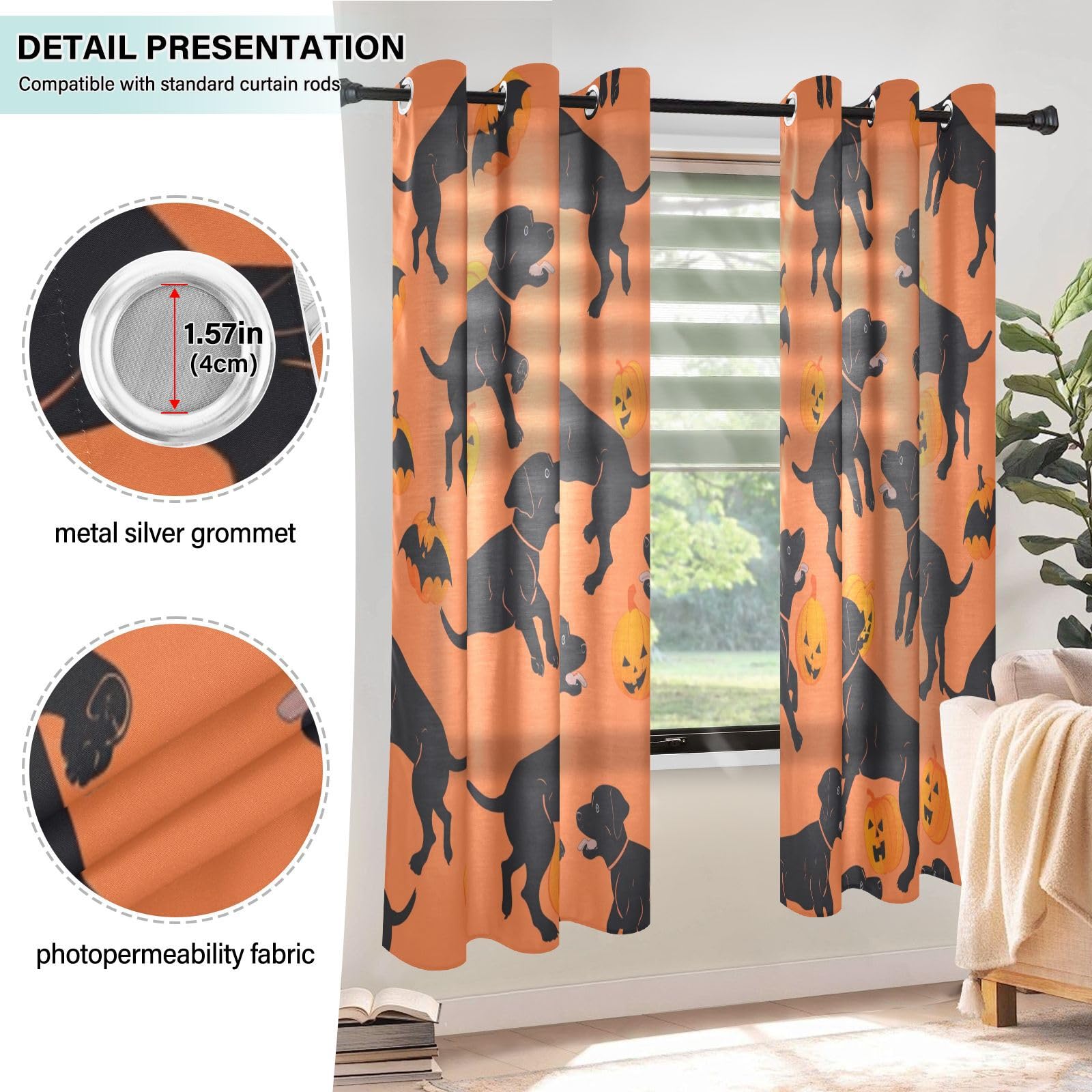 Cortinas opacas decorativas para dormitorio, diseño de perro labrador bailando, naranja, negro, calabaza, 160 cm, juego de 2 paneles de 2 paneles