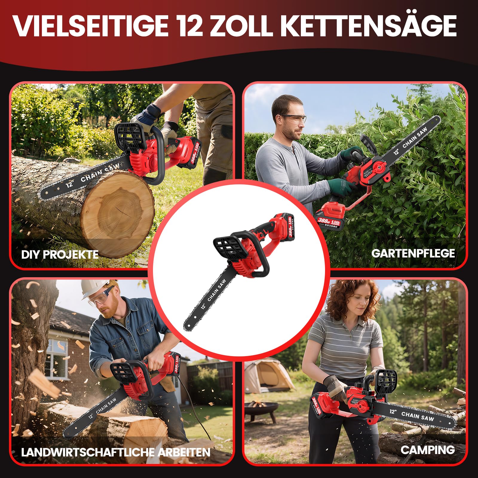 Akku Kettensäge Kompatibel mit Makita Akku, 12 Zoll Astsäge Akku Bürstenlosem Motor mit 2×4Ah, 2 Ersatzketten, Elektro-Kettensäge mit Autom. Kettenschmierung, ideal für Gartenholz & Äste