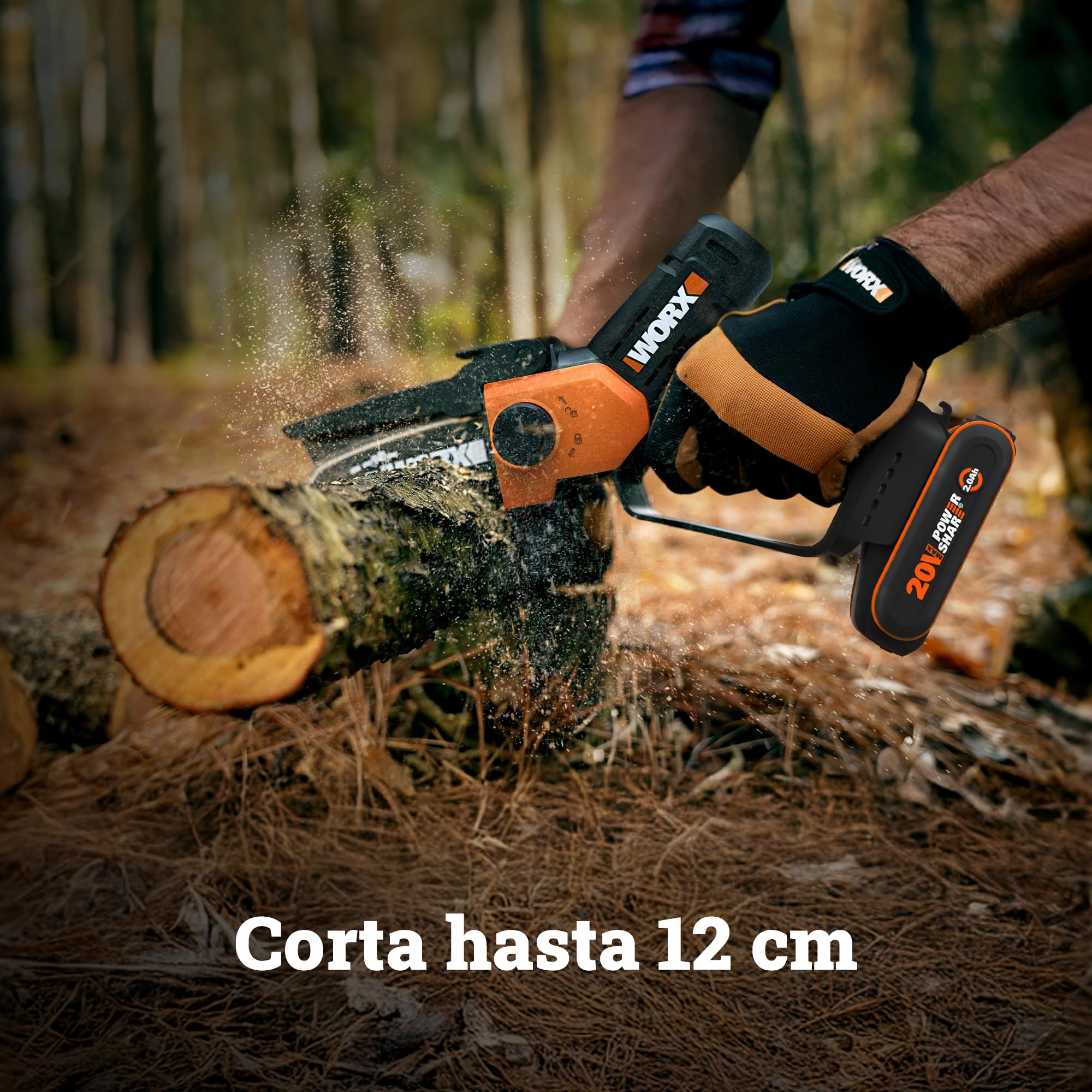 WORX WG326E Mini Motosierra 12cm 20V 2Ah PowerShare, una Mano | Cambio de cadena sin herramientas, doble protección de seguridad, cargador 1h incluido, compatible 20V/40V