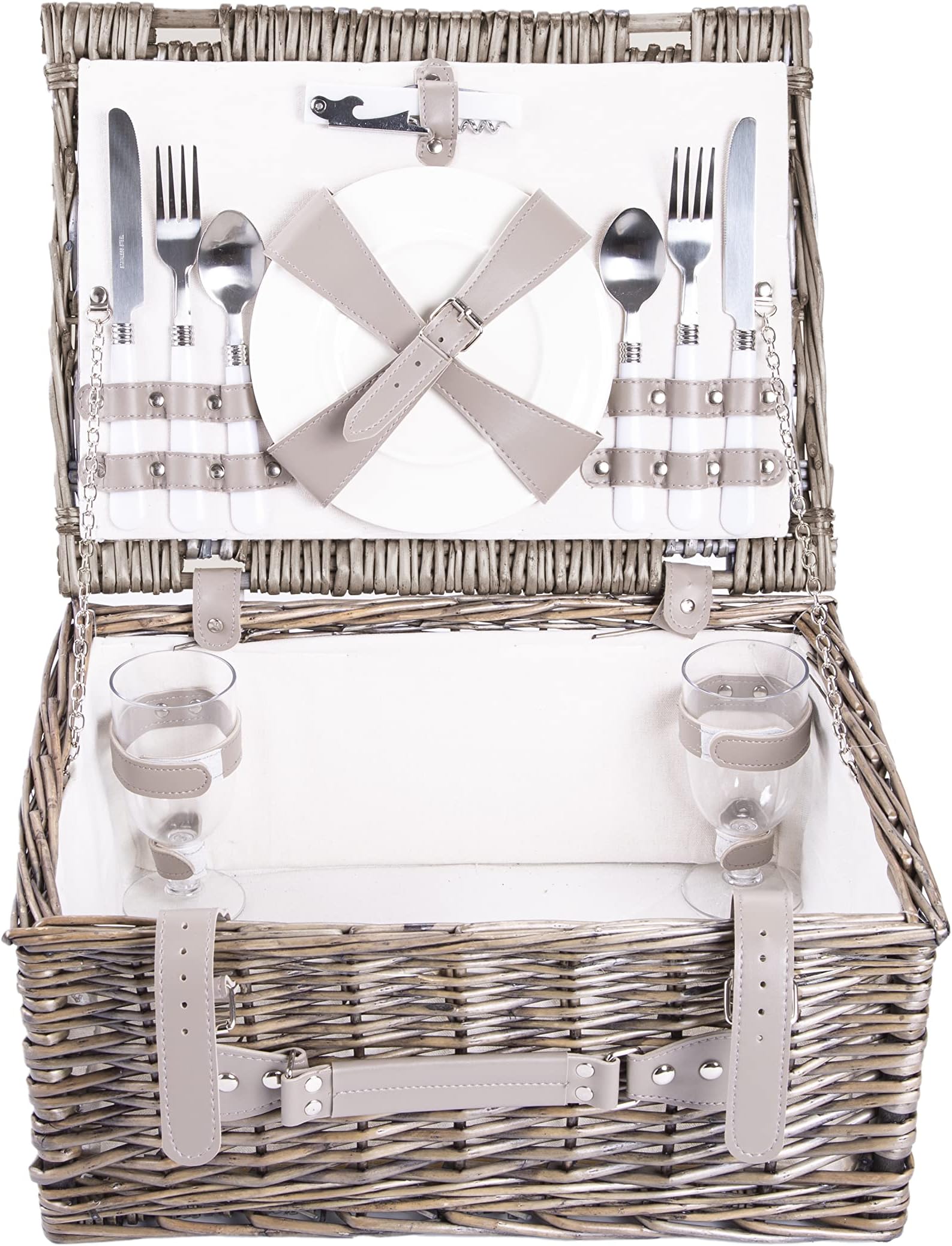 LUXURY GREY COLOR WICKER WILLOW PICNIC BASKETS OUTDOOR HAMPER SET CUTLERY (2 Person)