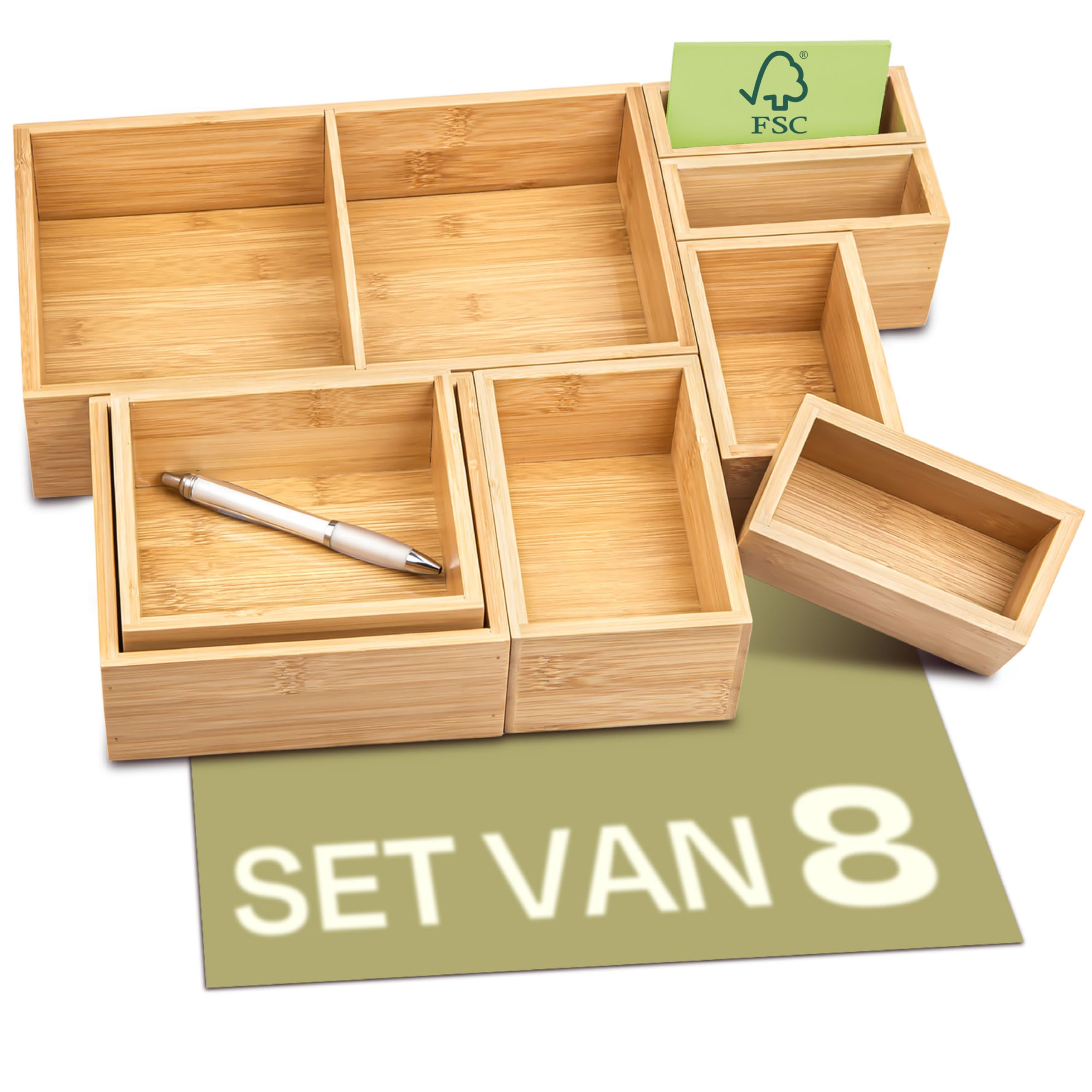 Keuken Badkamer Bureau Organisatie Lade Organiser Box Set Van 8 - Gemaakt Van Duurzaam FSC® Bamboe Hout - Voor Elke Lade In De Keuken, Badkamer Of Op
