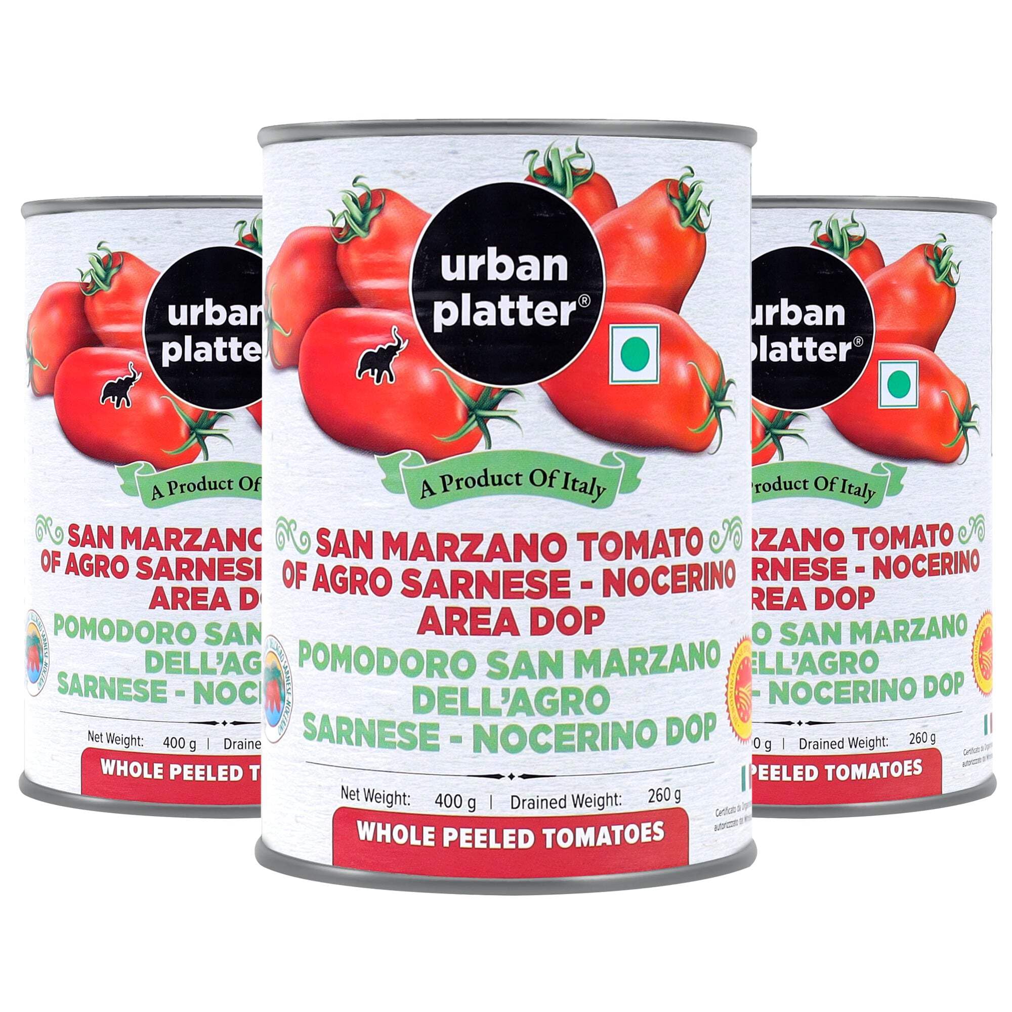 Urban Platter San Marzano Whole Peeled Tomatoes in Tomato Juice, 400g / 14oz [Pack of 3, Drained Weight 260g, DOP, Tomates pelles Dans le Jus, Product of Italy]