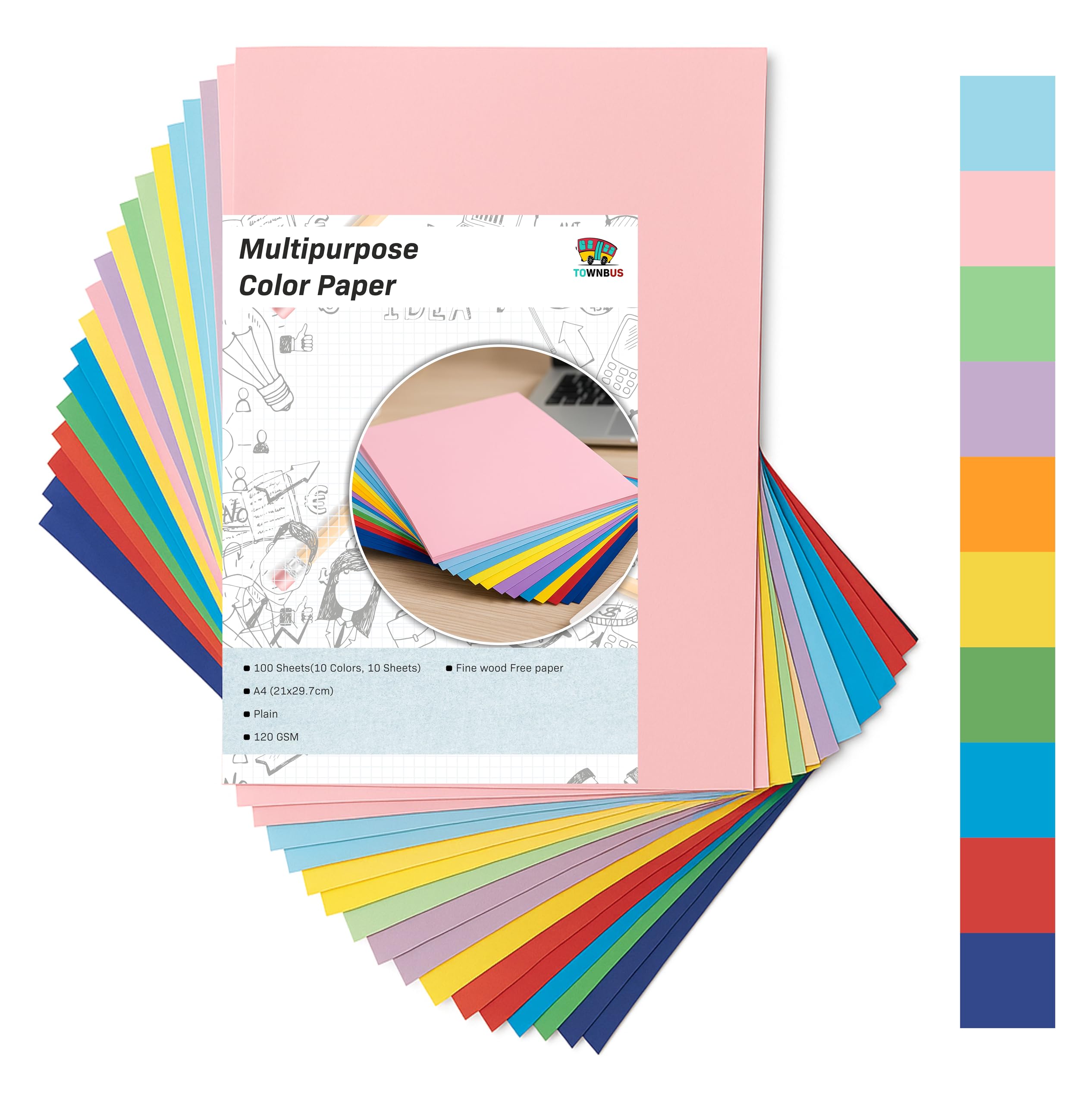 120 GSM TOWNBUS Imported Color Paper – 50 Sheets, 10 Vibrant Solid-Core Colors (5 Each) – A4 Size – Premium Craft Paper for Art, Origami, Scrapbooking & DIY Projects