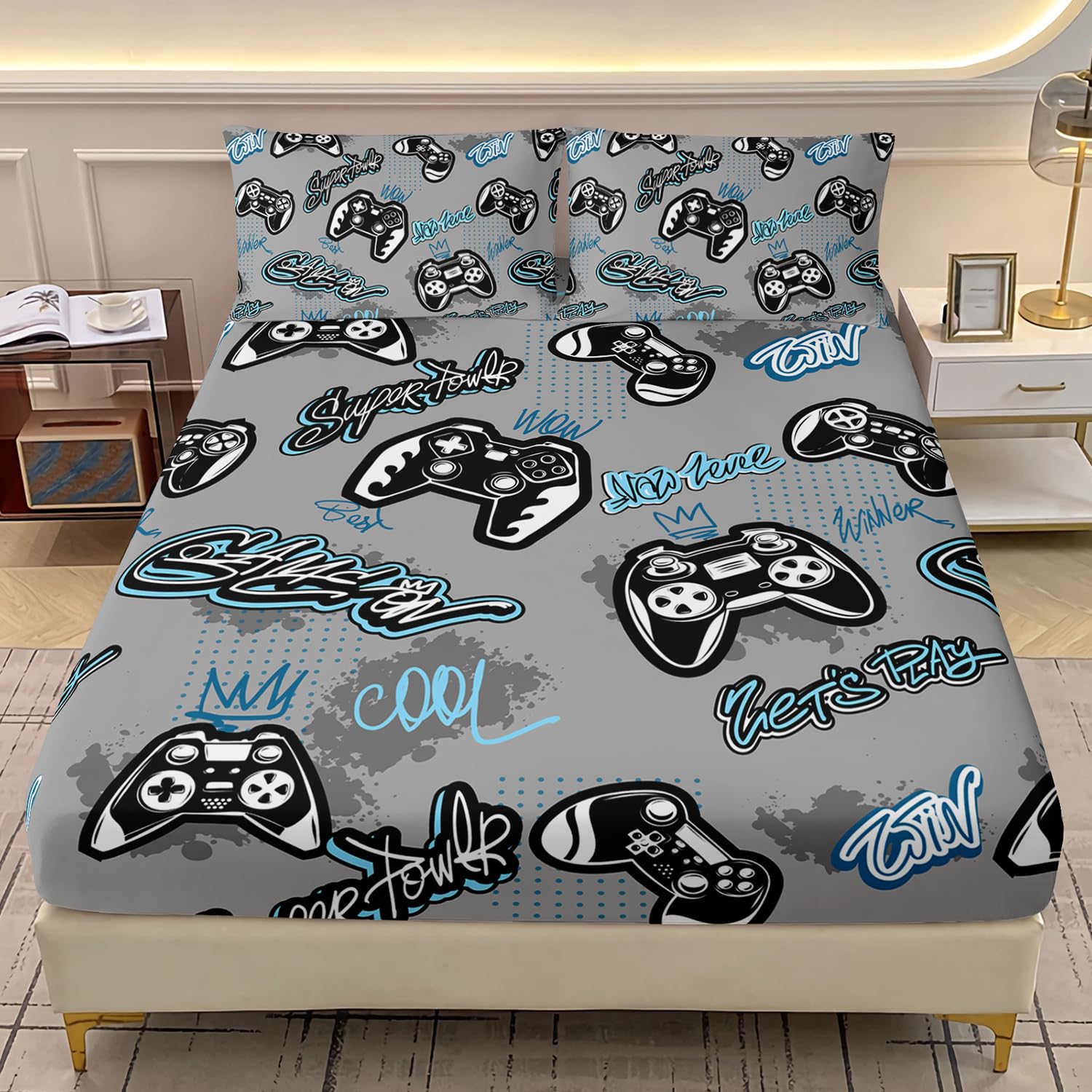 AILONEN Gaming Gamer Fitted Sheet Set Twin Size, Game Controller Bedding Set for Kids Boys Teens,Video Games Bed Sheet Set 3Pcs for Bedroom Decor,1 Fitted Sheet and 2 Pillowcases,Soft
