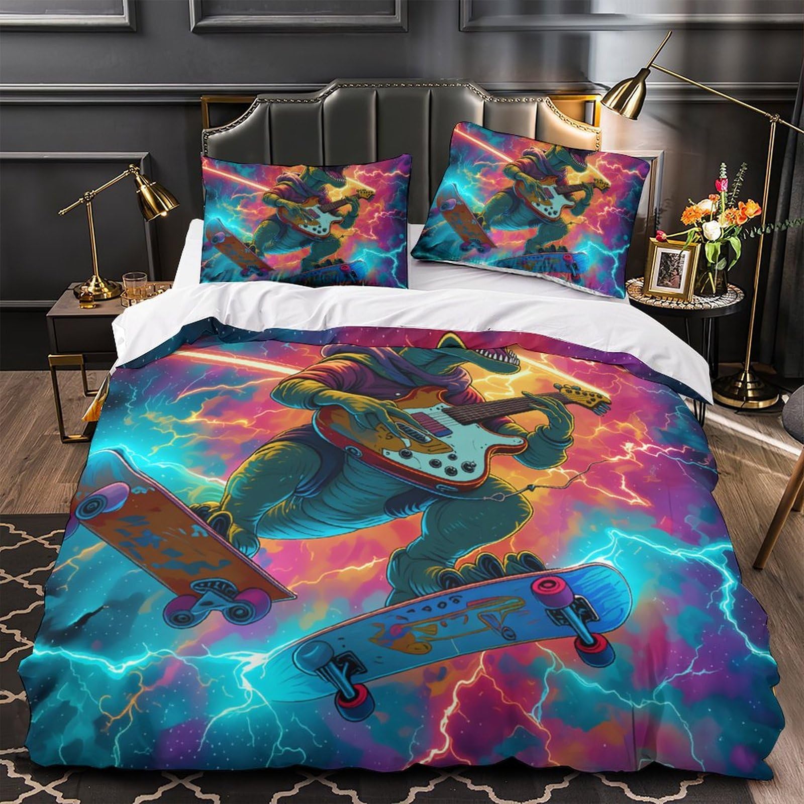 Housse de Couette 3D Dinosaure Néon Ado Chambre Cadeau