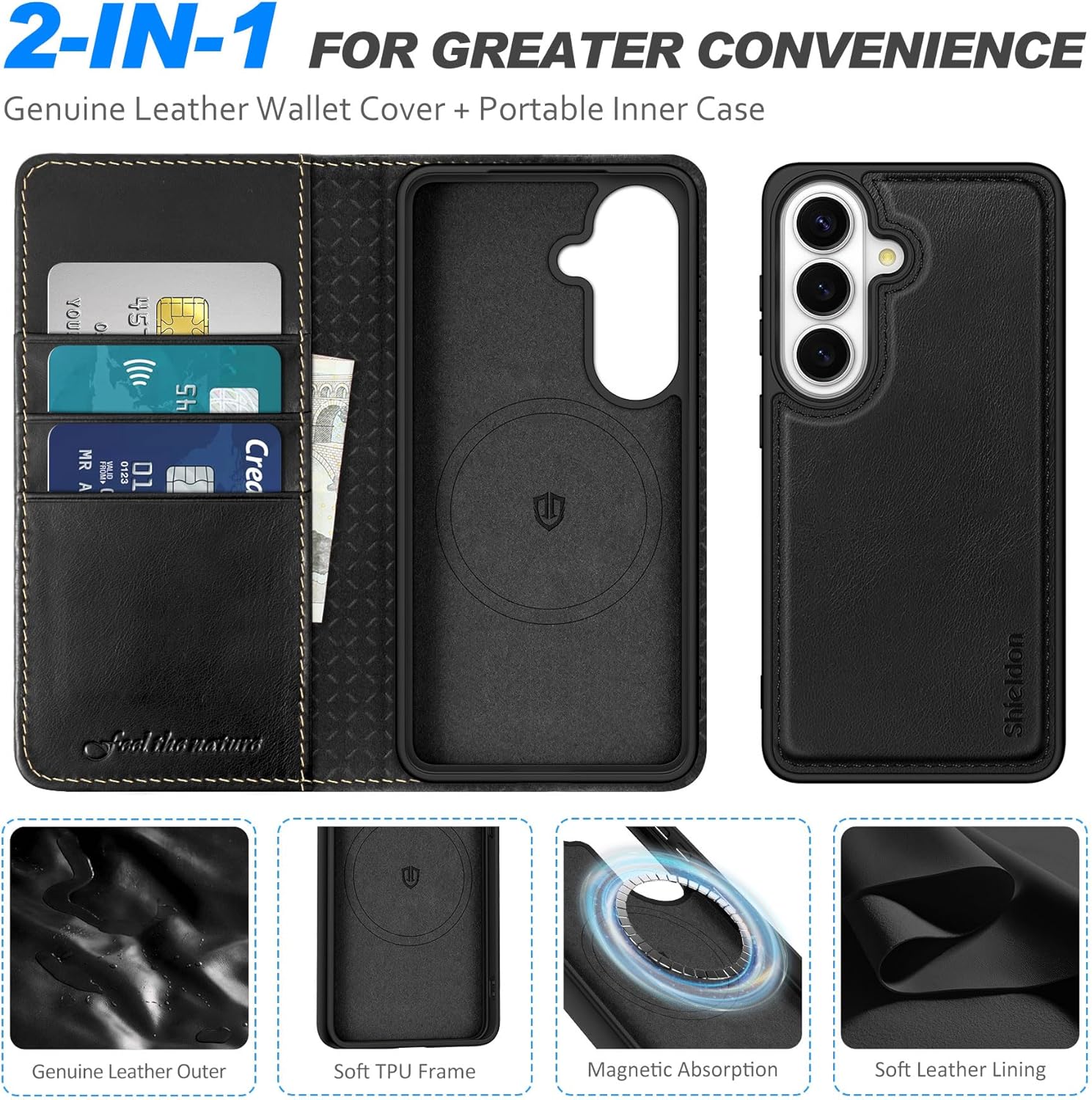 SHIELDON 2-in-1 Case Wallet for Galaxy S26 6.3-inch 2026, Genuine Leather, Folio Magnetic Closure, Wireless Charging, RFID Blocking Card Holder, Kickstand, Removable Shockproof Cover - Retro Black