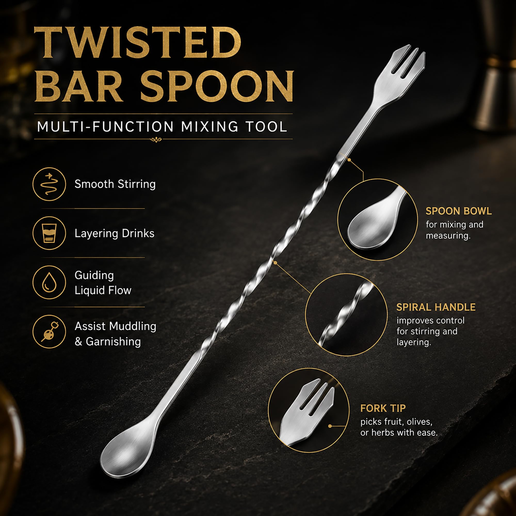 Stainless Steel Muddler & Bar Spoon Set - Home Bar Tools -6