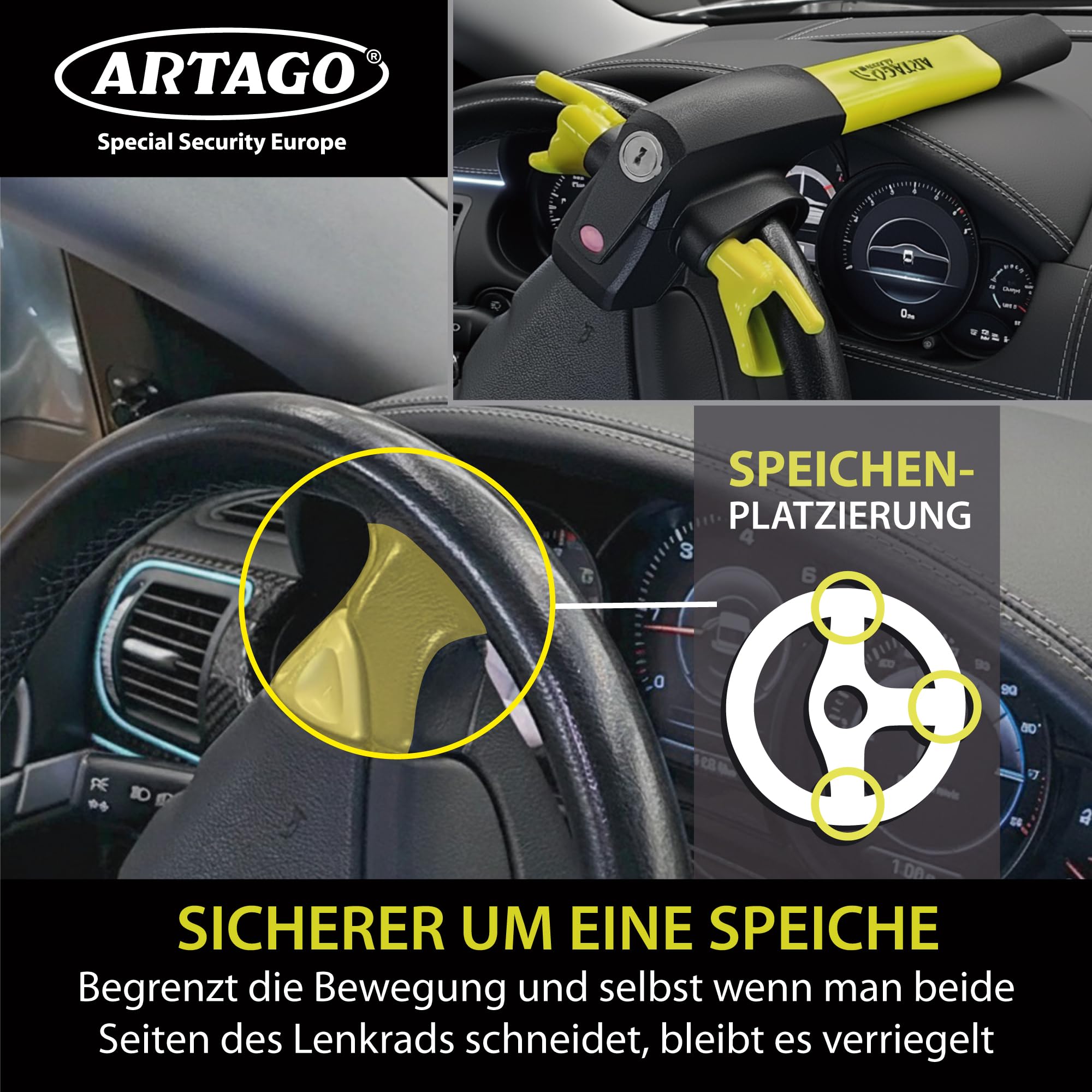 ARTAGO 870 Hochwertige Lenkradkralle 2in1 Ohne/Mit Alarm 120dB+LED, Sicherer und Abschreckender Lenkradsperre um die Lenkradspeiche, Fortschrittlichste Lenkradschloss zur Auto-Diebstahlsicherung