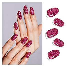 DANNI & TONI Semi Cured Gel Nail Strips Red Glitter (Velvet Glimmer) Magenta Rosy Gel Nail Wraps Gift for Woman 28 Stickers