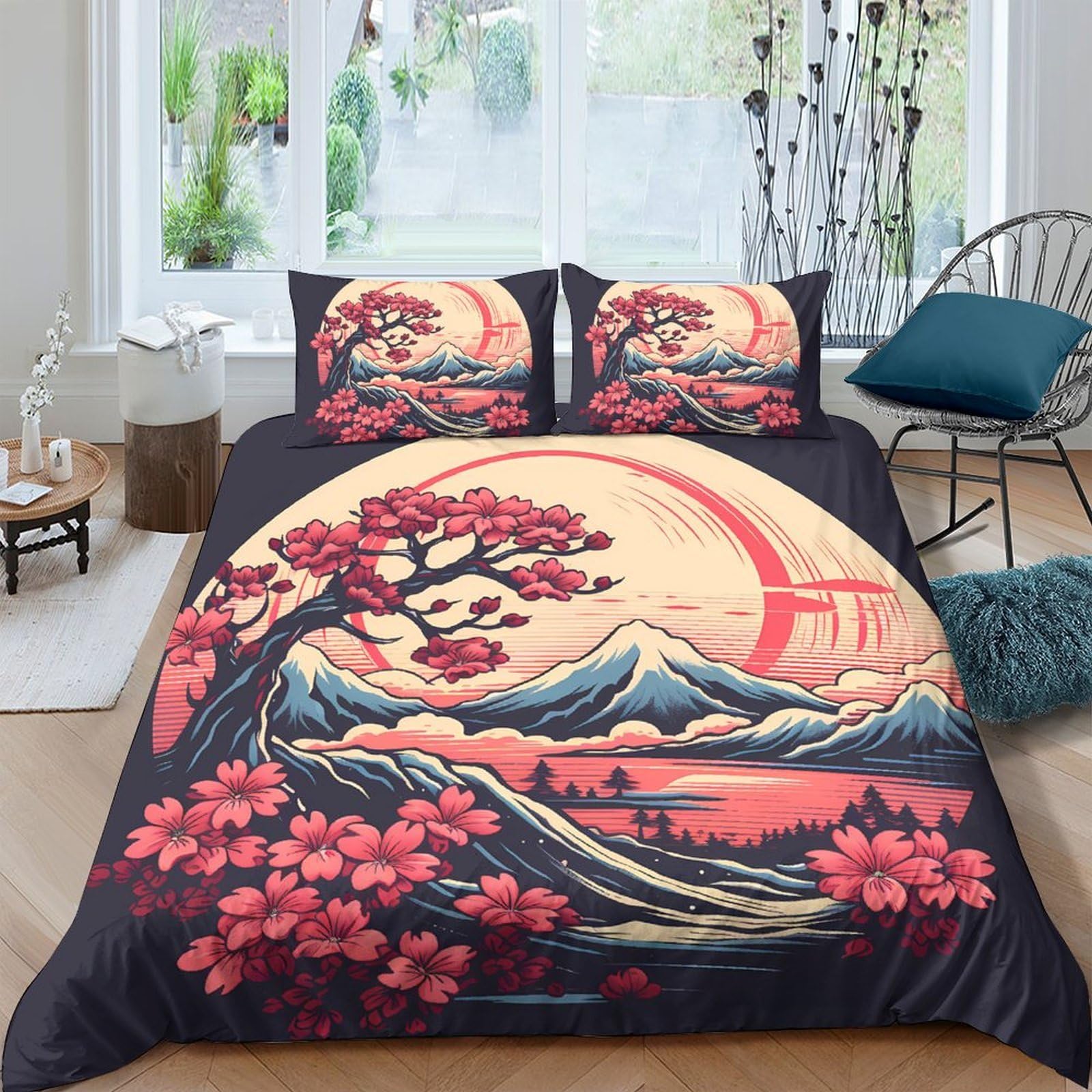 Ctjqhvkz Style-9 3D Printed Sakura Sunset Fitted Sheet Microfiber Soft Anti-Slip Japanese Landscape Mattress Cover Bedroom Decor Single（135X200cm）