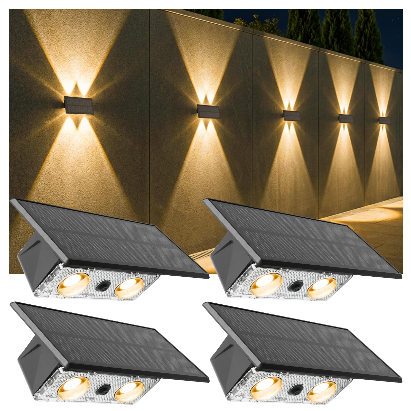 Artrastar 4 Pack Solar Fence Lights, Outdoor Solar Wall Lights, Up & Down Bright with 3 Lighting Modes,Waterproof Outdoor Garden Lights for Fence for Fence, Wall, Patio, Pool Yard