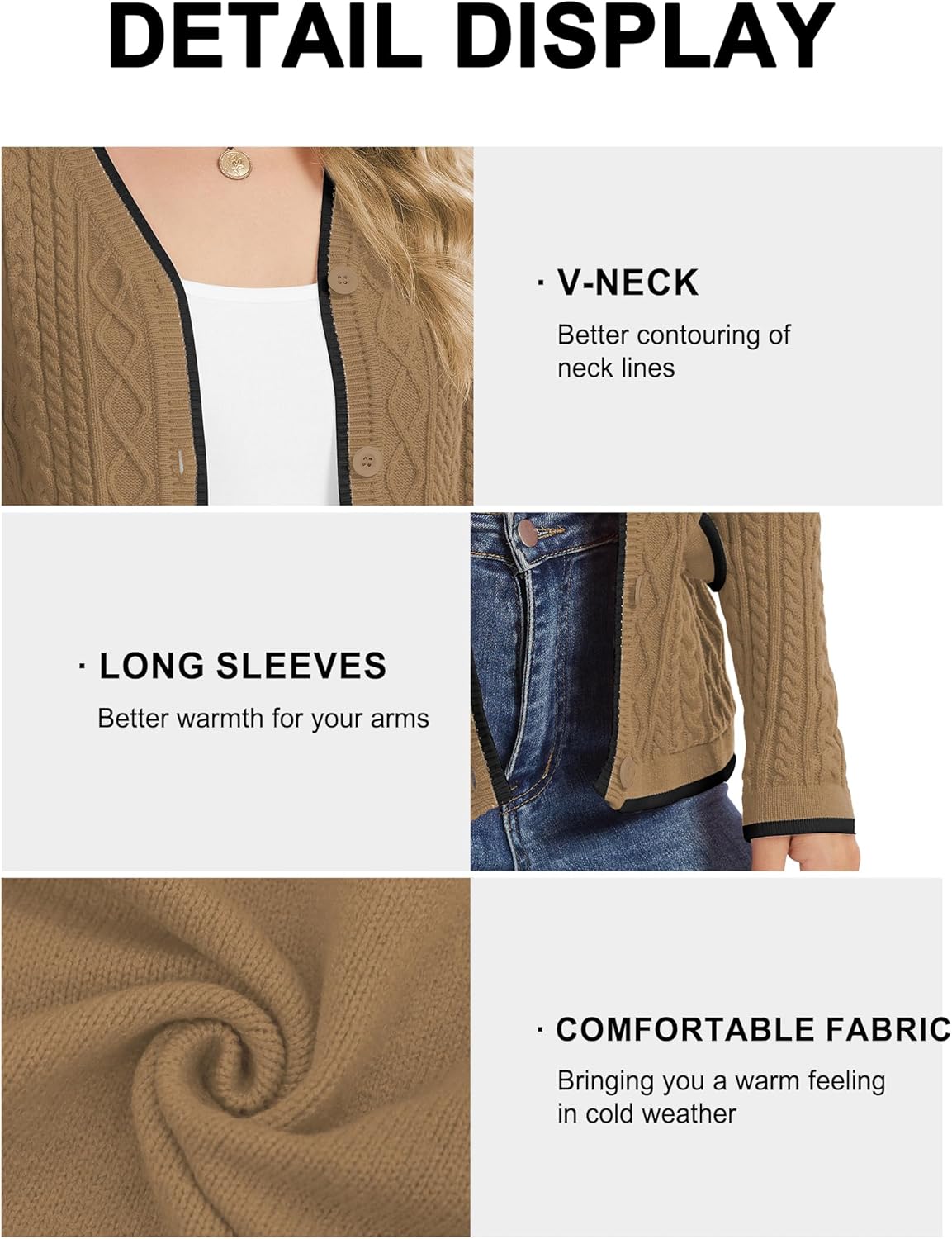 QUEZHU Women's Winter V-Neck Button Down Cardigan Knit Soft Sweater with Pockets - Image 5