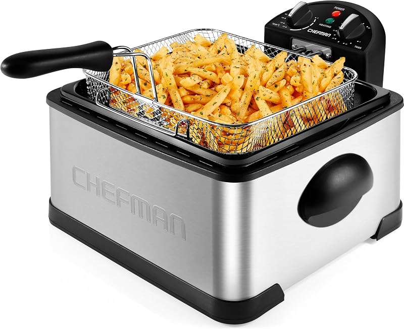 Chefman Freidora profunda de 4,5 litros con colador de cesta, tamaño XL Jumbo, temperatura y temporizador ajustables, perfecta para pollo frito, camarones, patatas fritas, patatas fritas y más, recipiente de aceite extraíble, acero inoxidable