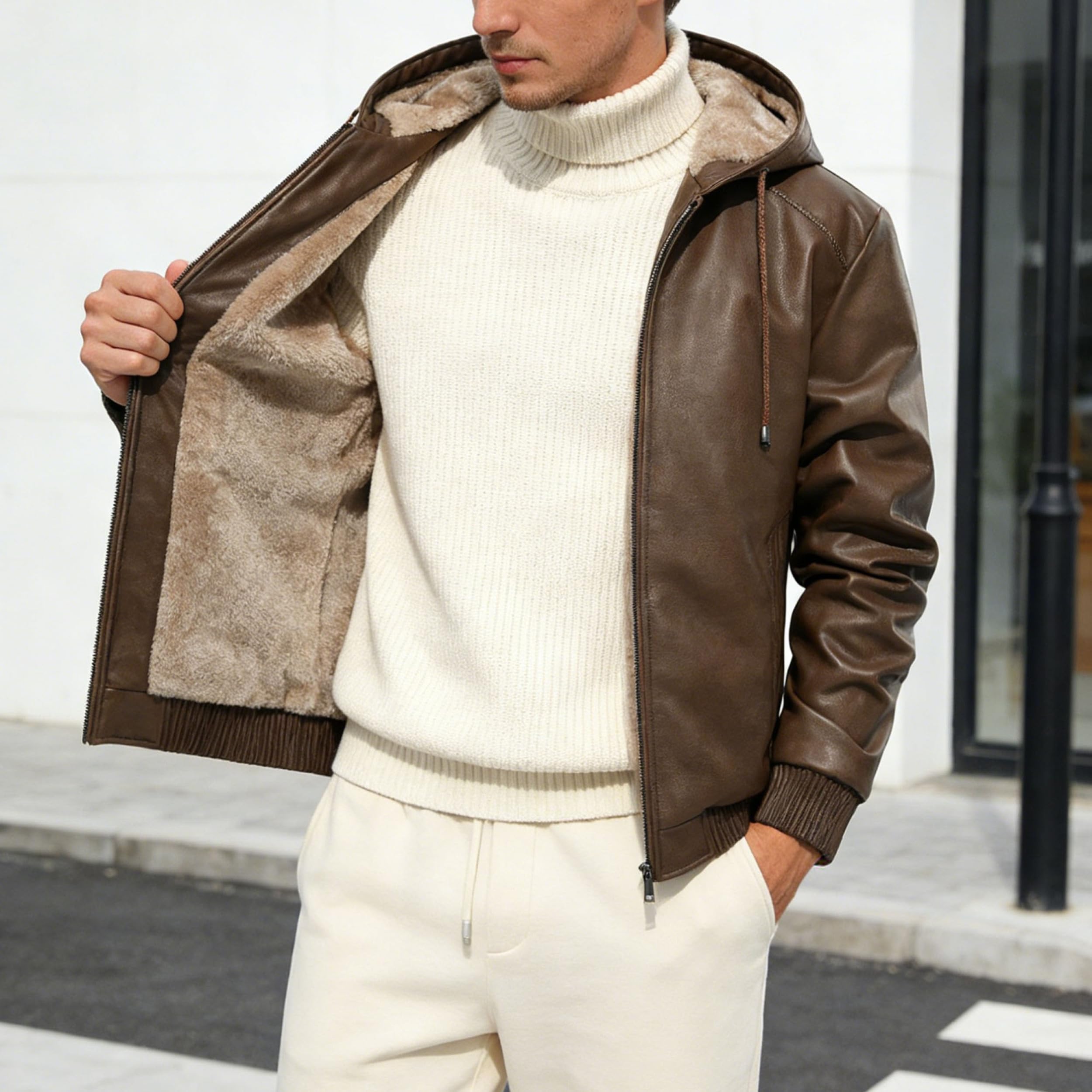 Chaqueta de motociclista de piel sintética cálida para hombre, con forro polar y capucha, abrigo invierno estilo motero, elegante abrigo para hombre