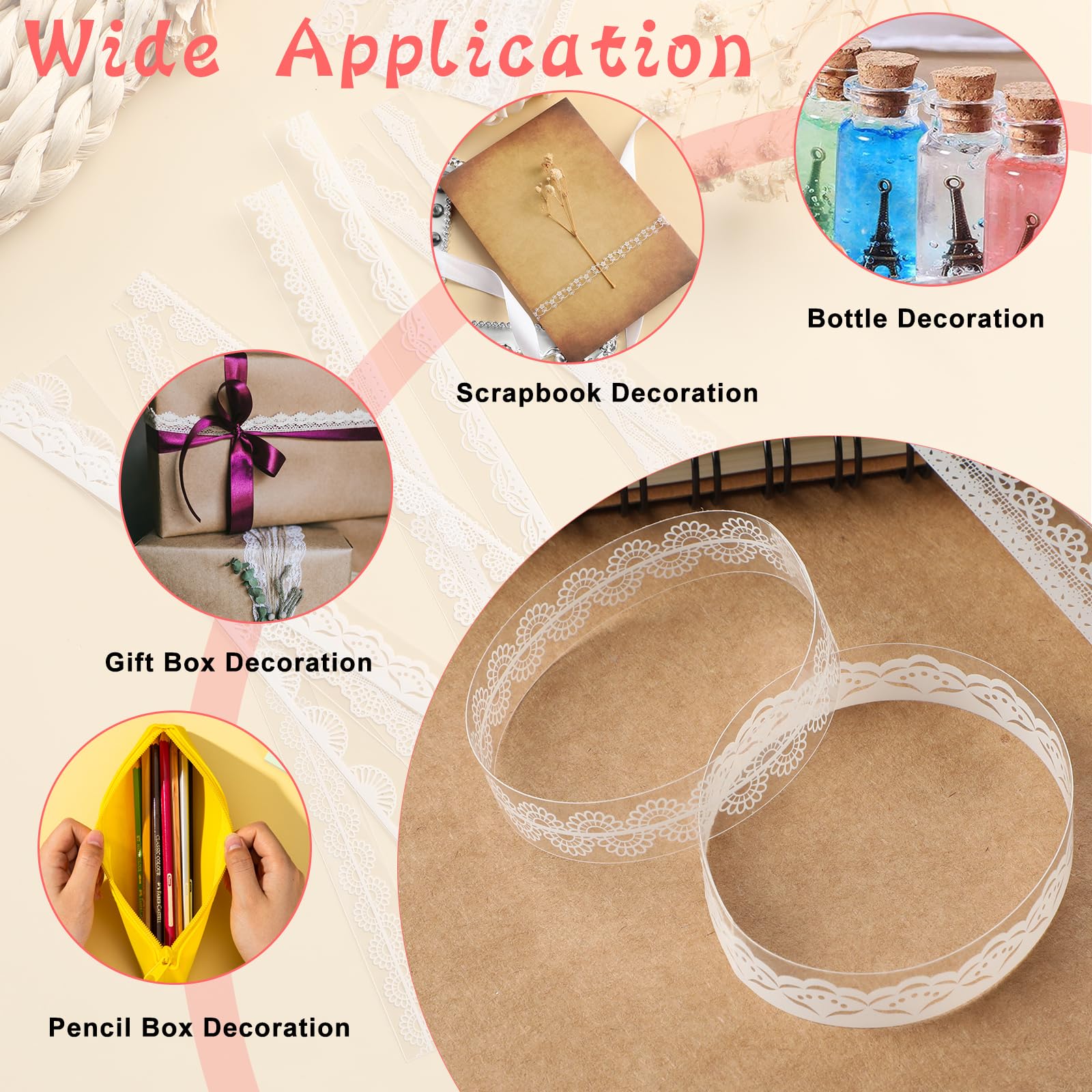 120 Stück Spitzen-Scrapbook-Aufkleber, Vintage-PET, weiße Spitze, Scrapbooking, Verzierungen, starke Viskosität, Schnürsenkel, Washi-Tape für Hochzeit, Tagebuch, Basteln, Fotorahmen