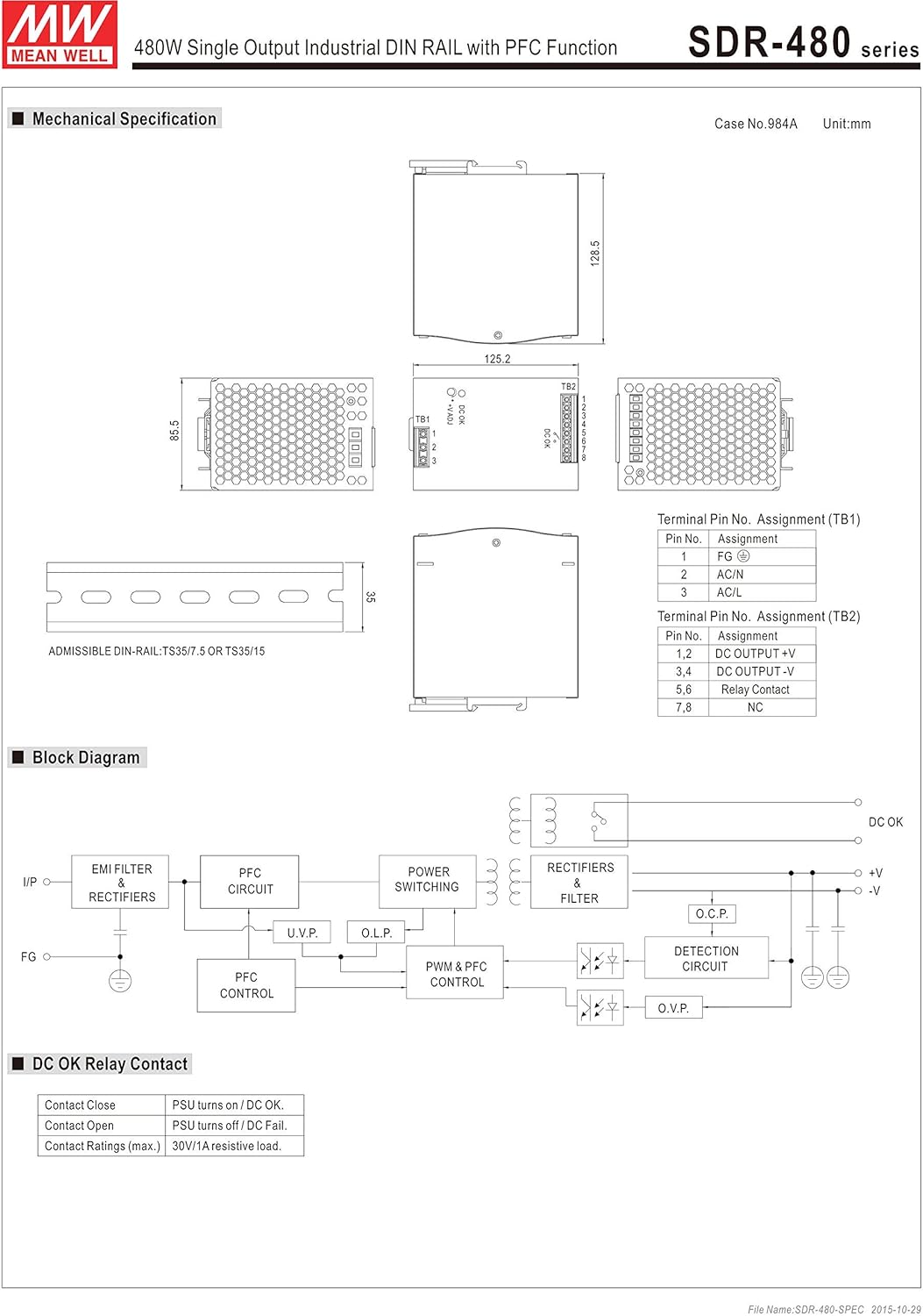 MW Mean Well SDR-480-48 48V 10A DIN Rail Power Supplies
