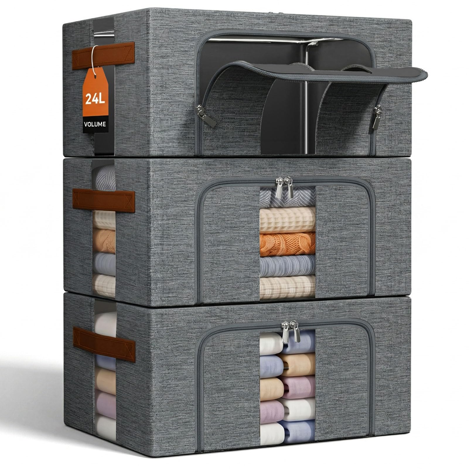 Boite Rangement Vetement Pliable: Sac de Empilables avec Cadres Métal pour le Organisateur des Vêtements des Draps dans les Placard (Gris, 3x24L)
