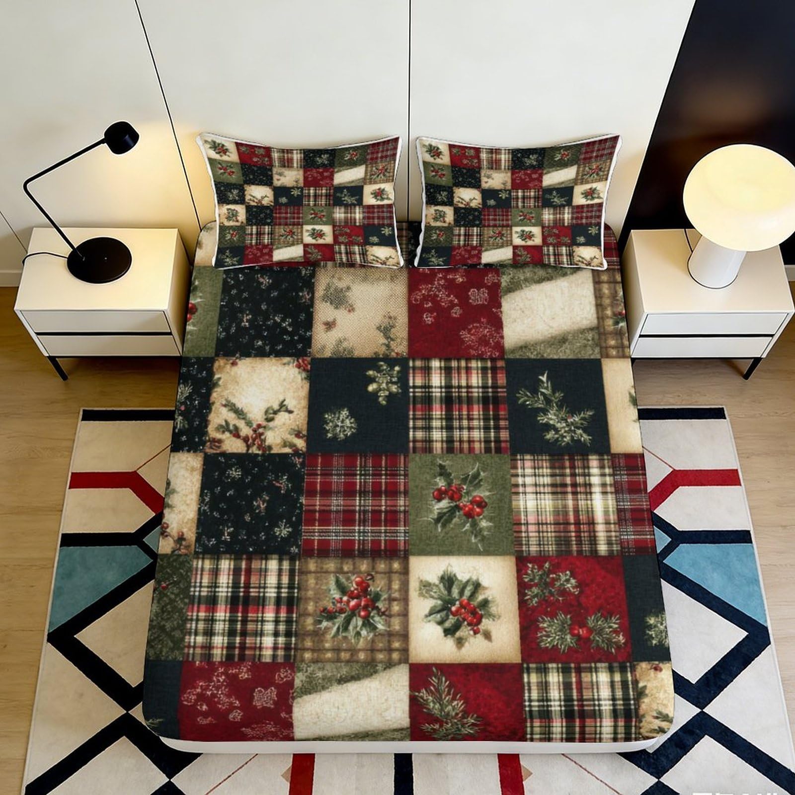 3D Printed Patchwork Christmas Fitted Sheet Microfiber Soft Breathable Plaid Holly Bed Cover for Bedroom Guest Room 90x200x25cm