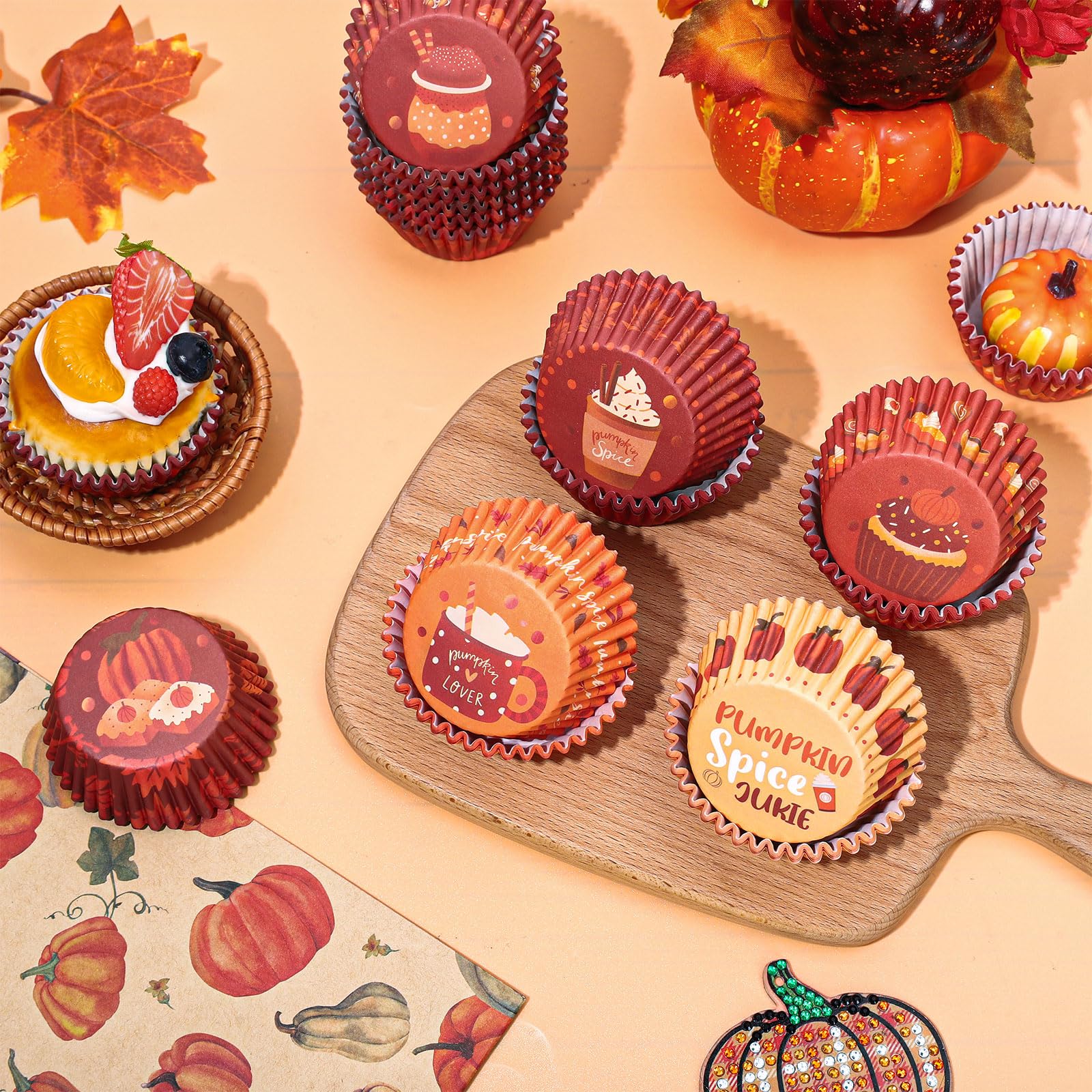 600 Stück Cupcake-Förmchen Herbst-Motive – Kürbis, Ahornblatt & Karos Für Thanksgiving