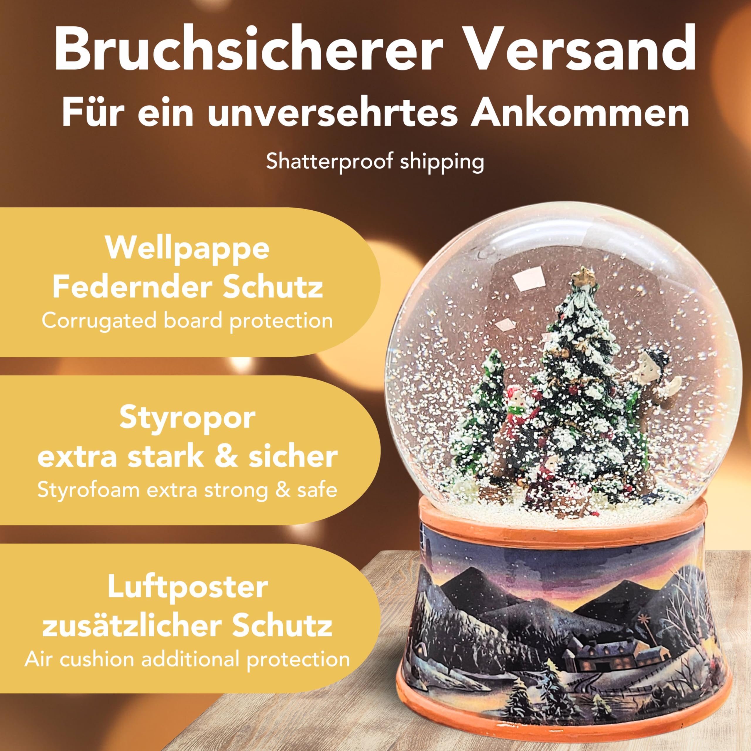 Schneekugel Spieluhr Weihnachten | Christbaum schmücken | B: 10cm | 20273 | Winterlandschaft ocker Rand | verschneite Berge | Schüttelkugel Weihnachtsdekoration | mit Musik