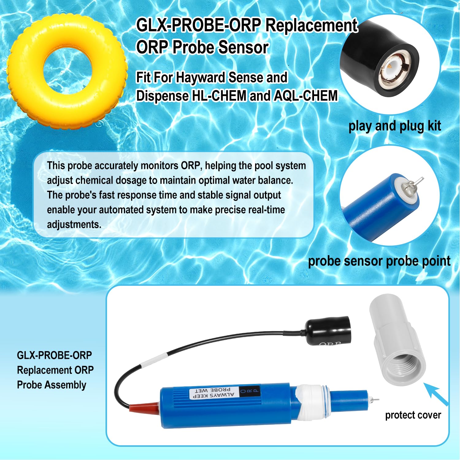 GLX-PROBE-ORP - Sensor de sonda ORP de repuesto para Hayward Sense y dispensa HL-CHEM y AQL-CHEM, para controladores CAT y HCC, para generador de cloro salino Hayward modelo AQR-PRO-SD, HPC-4-ACT-RC