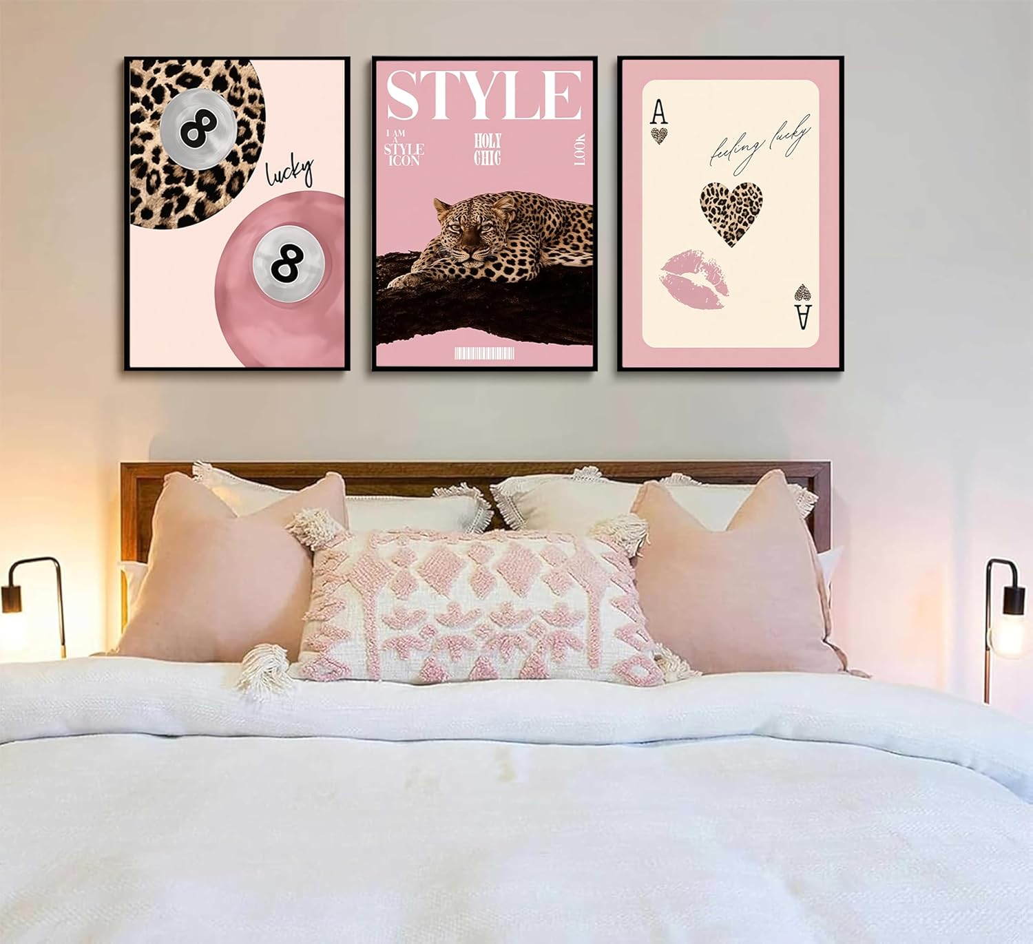 Set of 3 Trendy Pink Leopard Canvas Wall Art Funky Lucky 8 Ball Posters Prints Preppy Room Aesthetic Cheetah Wall Decor Pictures for Girls Bedroom Apartment Dorm Decoration Unframed