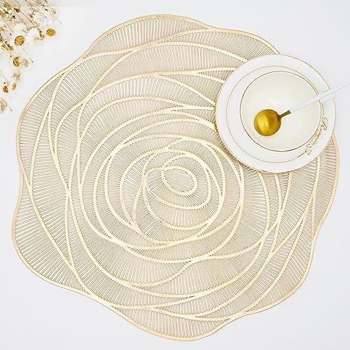 Manteles individuales redondos dorados con rosas para mesa de comedor, manteles individuales de vinilo de plástico metálico, manteles decorativos