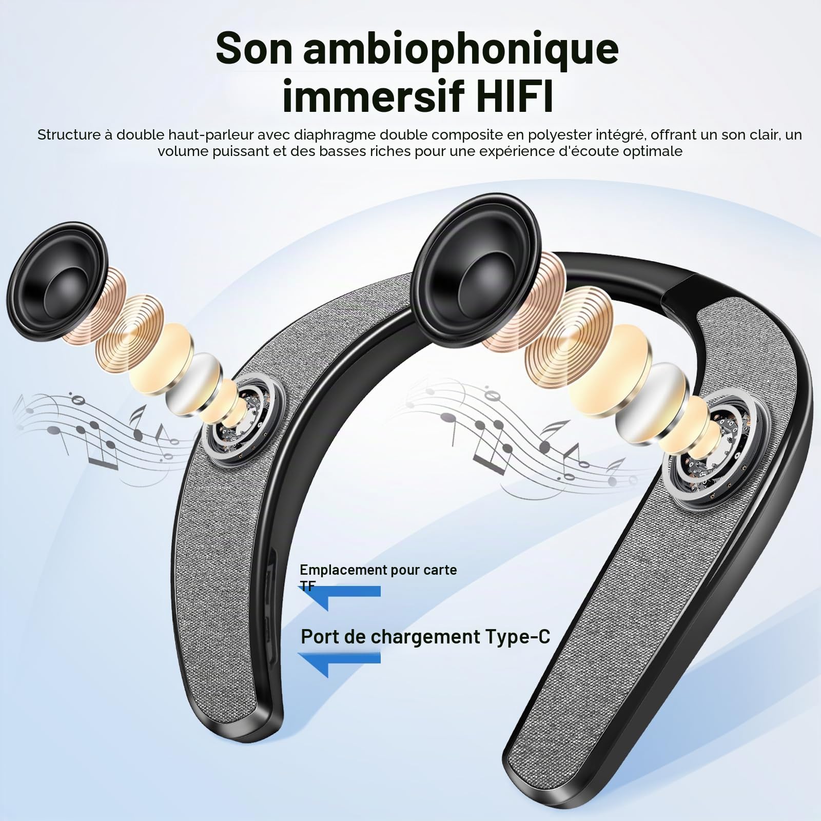 KozyOne Haut-parleur Bluetooth à porter autour du cou, écouteur sans fil avec microphone intégré et fente pour carte TF, 12 heures d’autonomie, son surround stéréo 3D, charge rapide Type-C, pour la