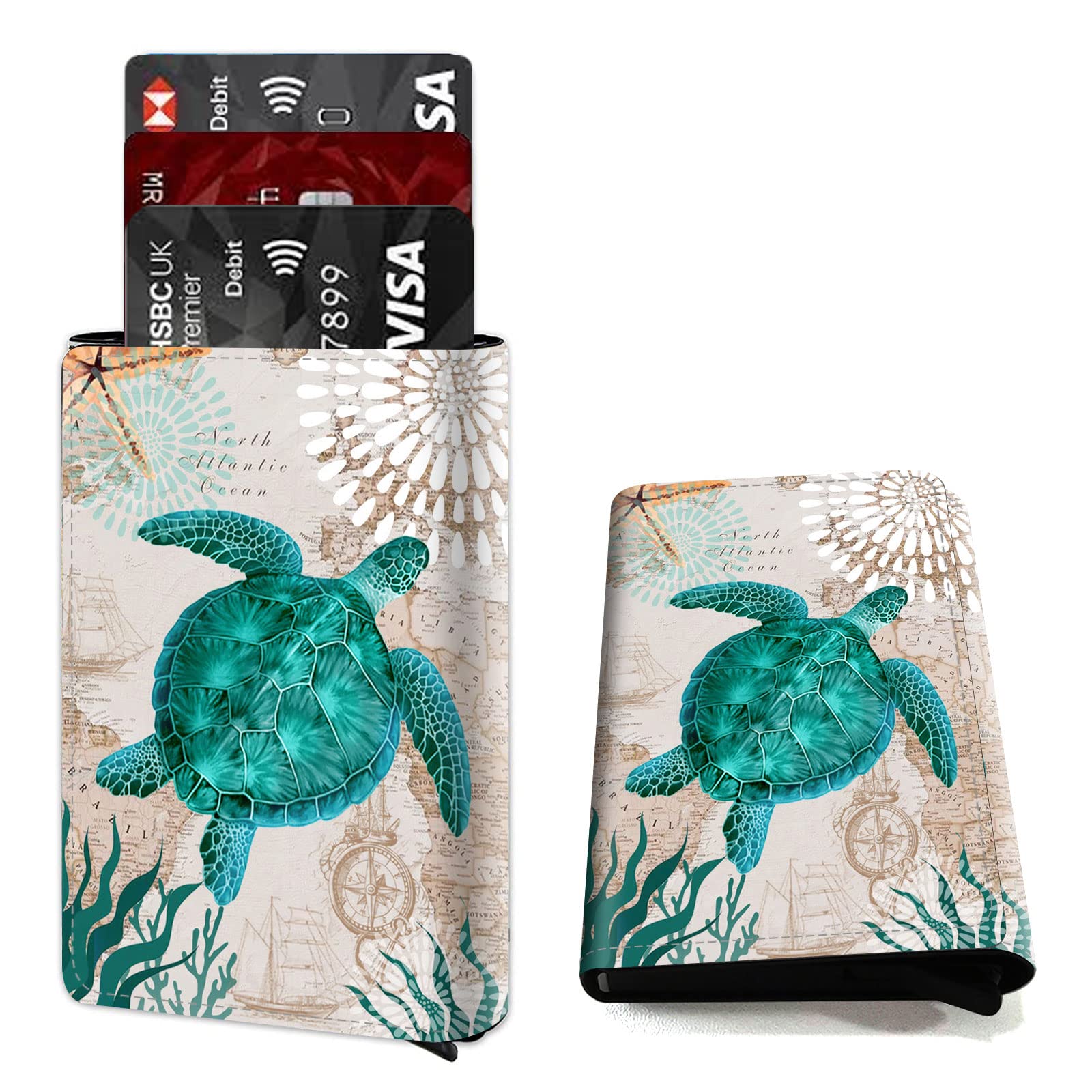 DEGDFSGR Credit Card Holder Aluminum Auto Pop Up Wallet Case,Leather Card Case Front Pocket Trifold Wallet with RFID Blocking Banknote Slot Thin Wallets for Women Men Girl, Blue Sea Turtle