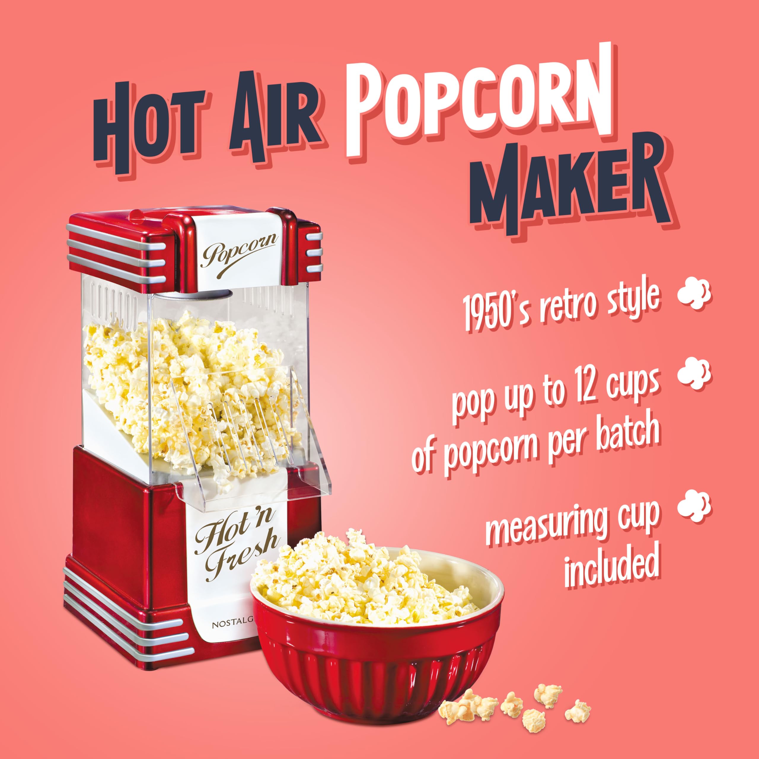 Nostalgia Macchina per popcorn ad aria calda retrò, 12 tazze senza olio, piano di lavoro con misurino, snack sani e serate cinematografiche, rossa