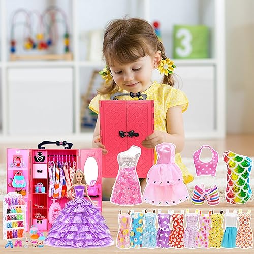 Miniatura 7 de Juego de 112 piezas de ropa y accesorios para muñecas con armario de muñecas para muñecas de 11.5 pulgadas, incluyendo armario, maleta, ropa,