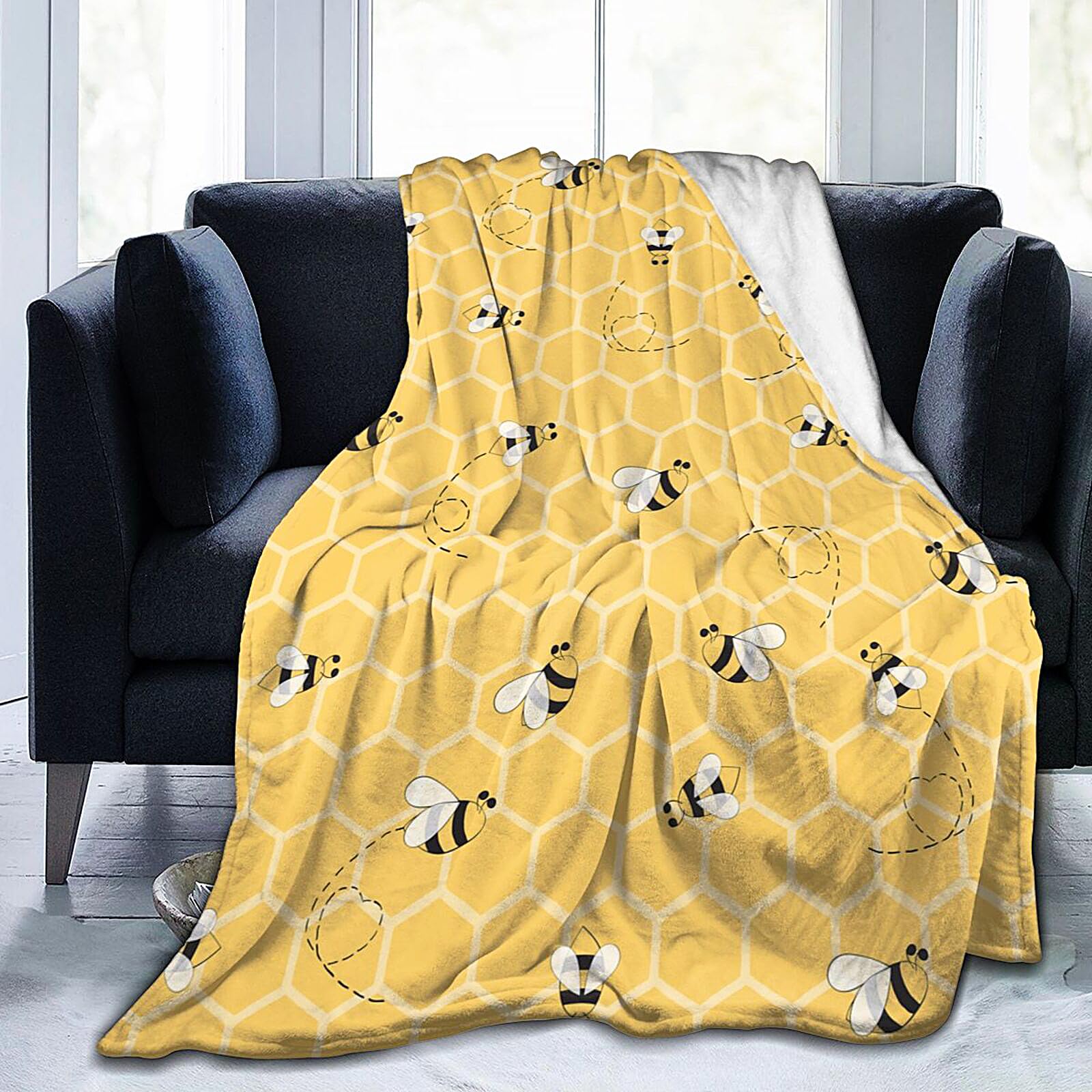 Yellow Honeycomb Bee Blanket Soft Lightweight Throw Blankets Cozy Flannel Bed Throws For Sofa Couch Travel Home Room Bedroom Decor Gifts For Boys