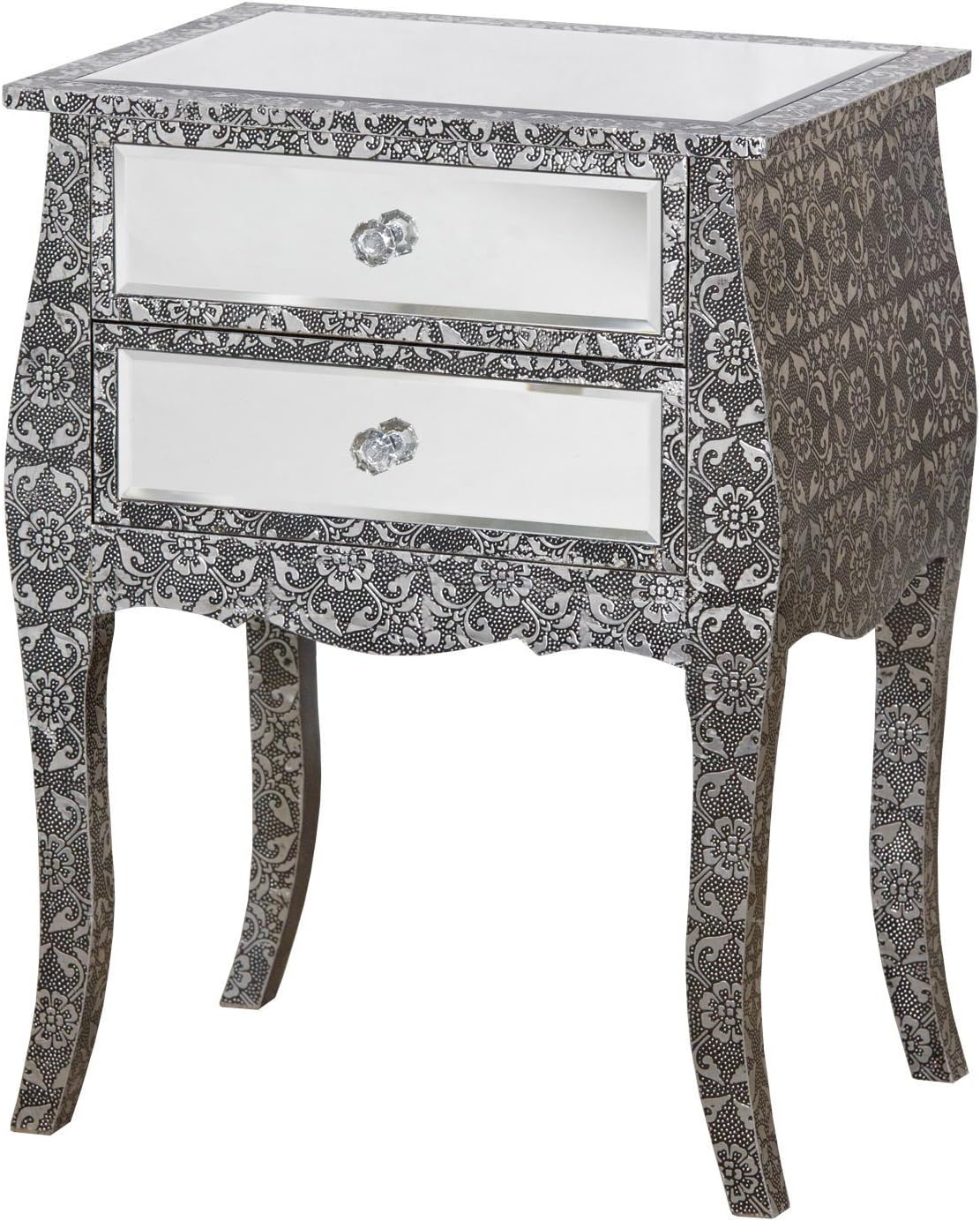 DUSX Mirrored Chaandhi Kar Blackened Silver Metal embossed Bedside Table
