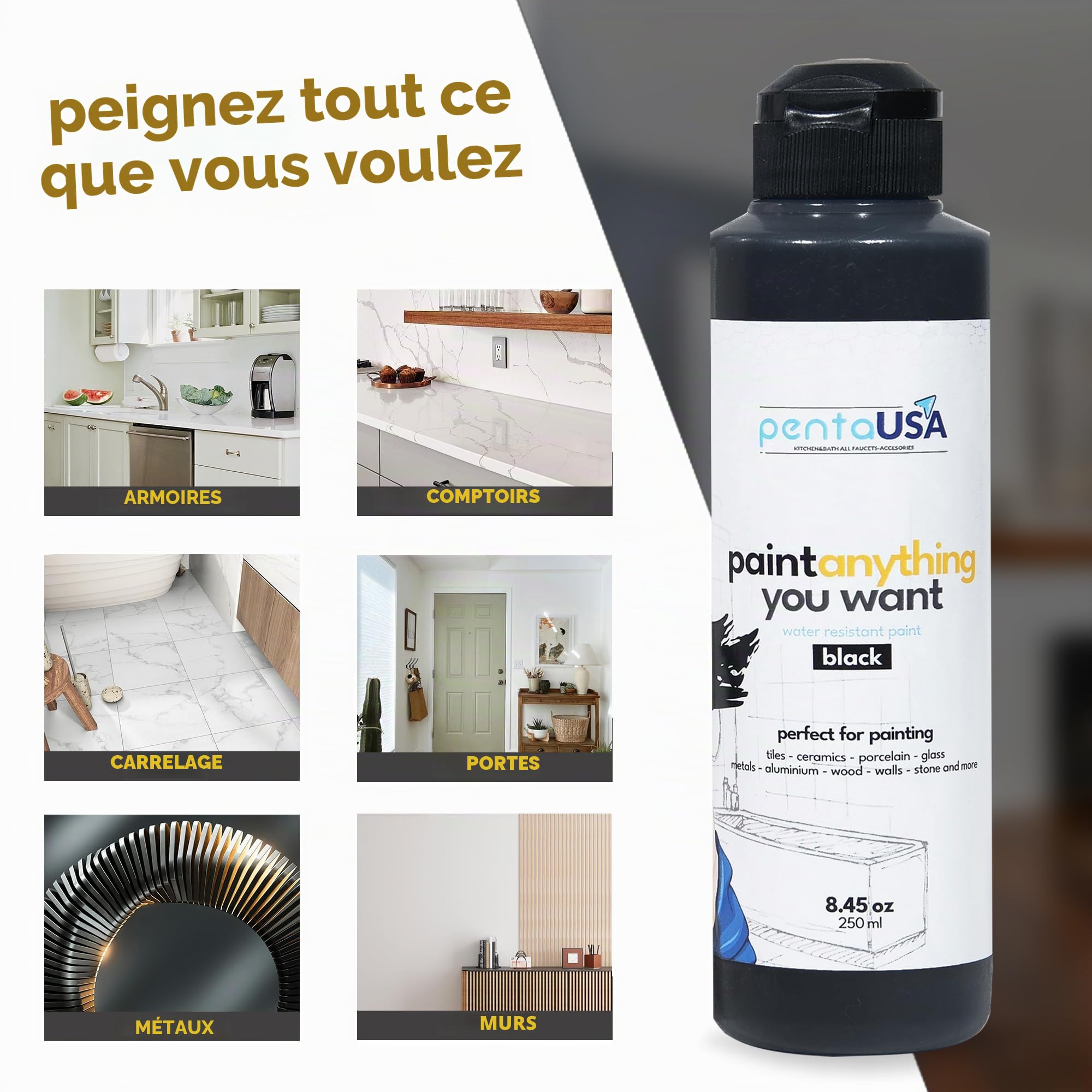 PENTAUSA Peinture Multisupport – Pour Bois, Armoires de Cuisine, Céramique, Métal, Carrelage – Mate, Lavable & Sans Apprêt (Noir, 250 ml)