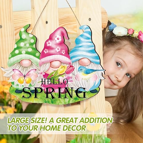 Miniatura 2 de Kathfly Letrero de madera con texto en inglés Hello Spring para puerta delantera, gnomo, tulipán, colgante de pared, corona de primavera, letrero de