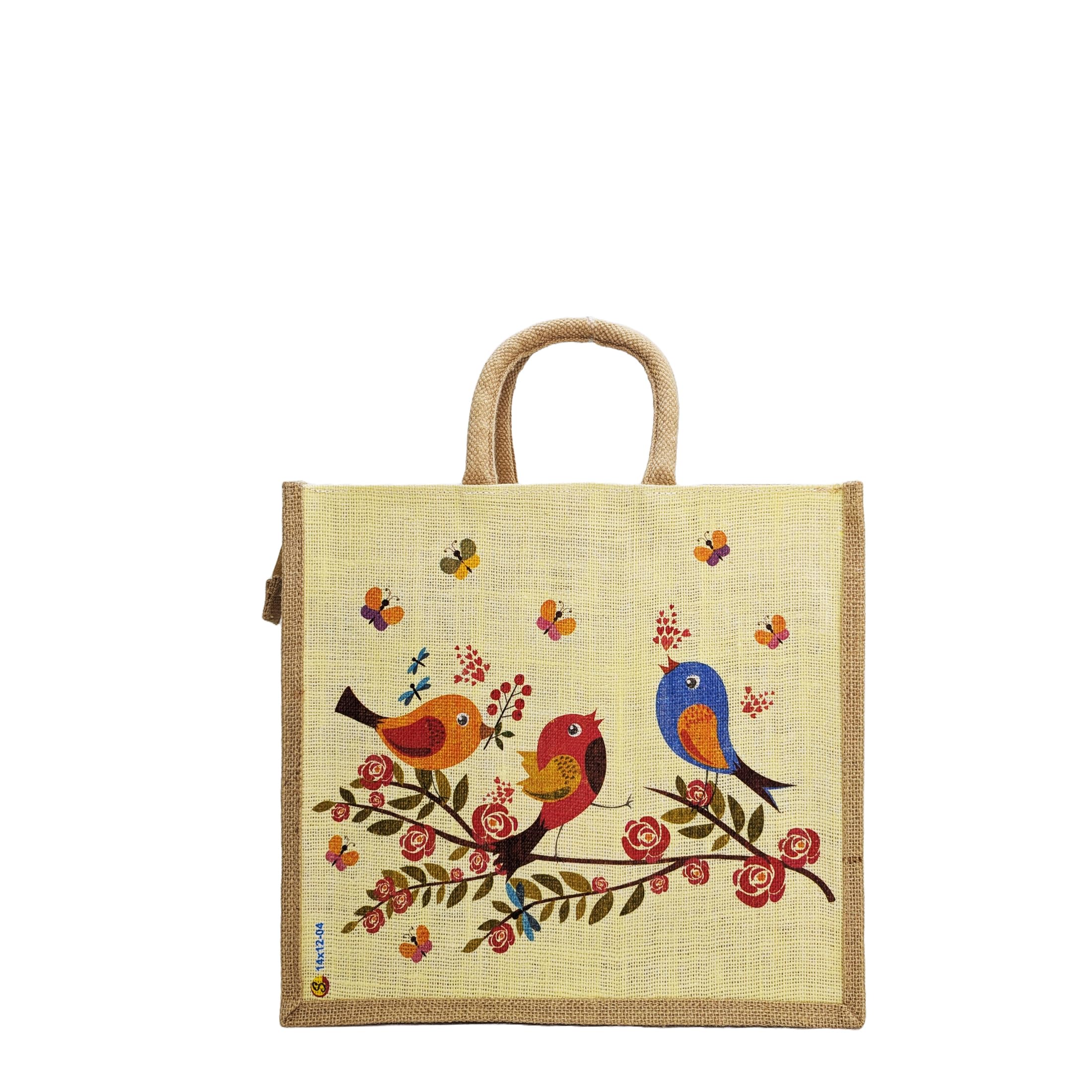 SangraMulticolor Jute bag for Women and Men Lunch Bag with Zip and Handle (Flower Blue)