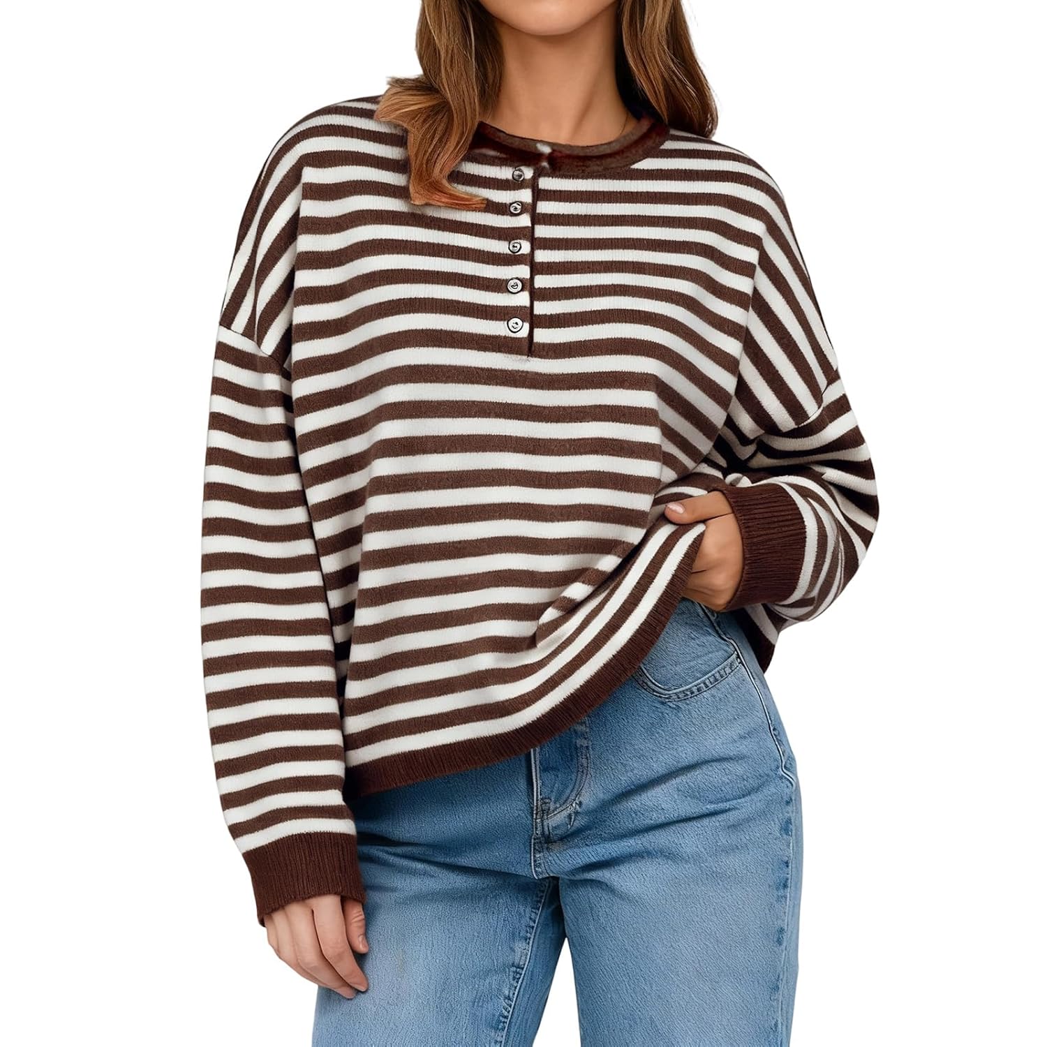 Women Y2K Striped Sweater Roll Neck Half Button Oversized Knit Pullover Vintage Stripe Knitwear Jumper Streetwear