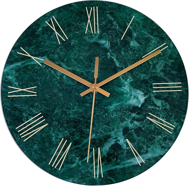 Foxtop Tempered Glass Modern Wall Clock, Marble Design 12 Inch Silent Non-Ticking Decorative Round Clock for Living Room Bedroom Kitchen (Emerald, Roman Numerals)
