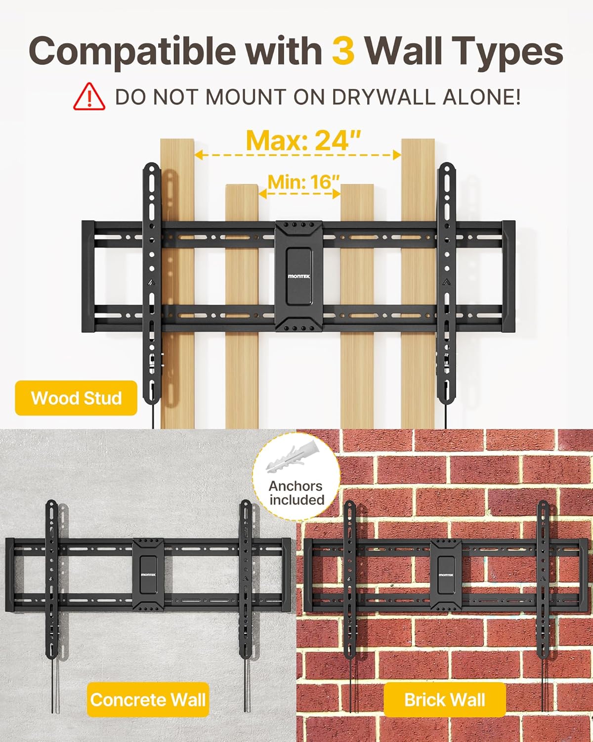 monTEK Heavy Duty Fixed TV Wall Mount for 43–95 Inch TVs, 1.1" Ultra Slim Low Profile Bracket, 200 lbs Capacity, Max VESA 800x400mm, Fits 16"/18"/24" Studs, Space-Saving for Large Flat & Curved TVs thumbnail