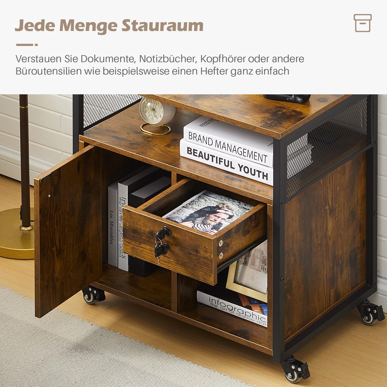 TUKAILAi Caisson de Bureau Rangement avec USB Port, Caisson Imprimante Mobile à Tiroir Verrouillables, Caisson Imprimante Mobile avec roulettes pour Format A4 Style Industriel (Marron Rustique)