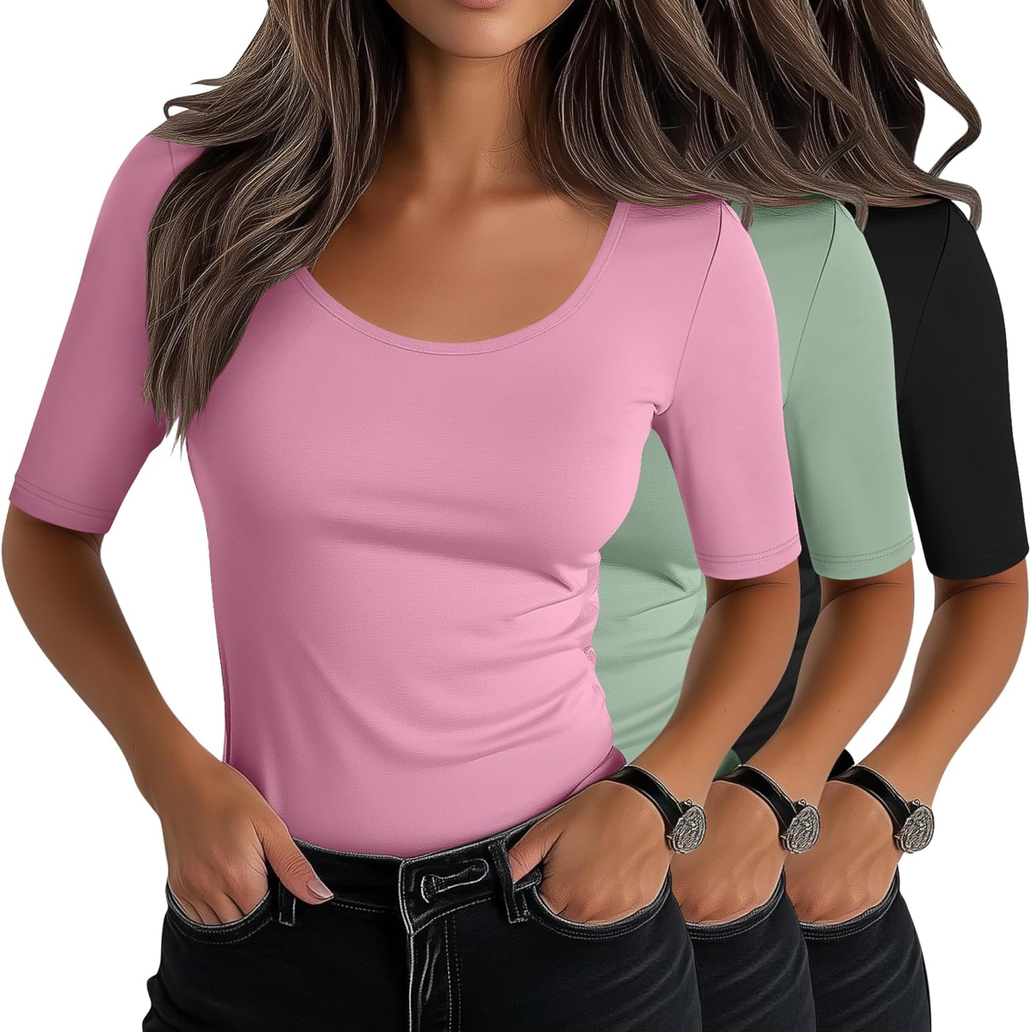 Neer 3 Pack Women's Scoop Neck Stretchy Tops Cotton Half Sleeve Slim Fitted T-Shirts Tight Casual Basic Summer Tees