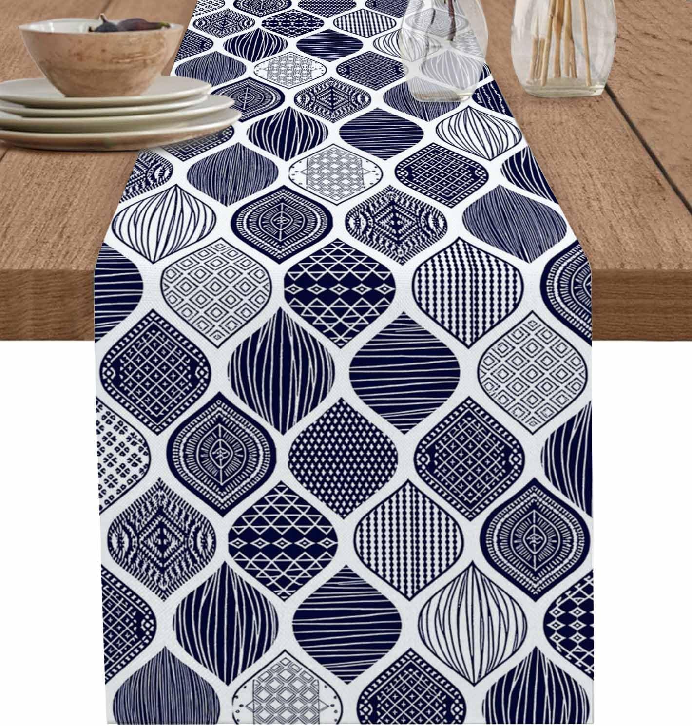 Navy Blue Moroccan Table Runner 108 Inches Long for Dining Table Decor, Cotton Linen Farmhouse Table Runner Washable Dresser Scarf for Coffee Table Kitchen Party Holiday Abstract Geometric Modern Art