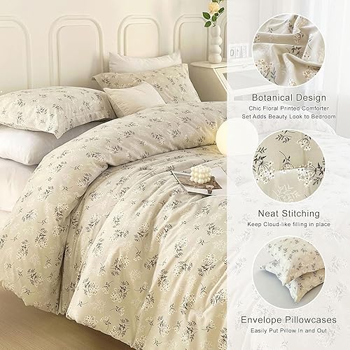 Miniatura 3 de EAVD Juego de edredón floral bohemio, tamaño Queen, suave microfibra lavada, juego de ropa de cama floral beige jardín, juego de edredón tamaño