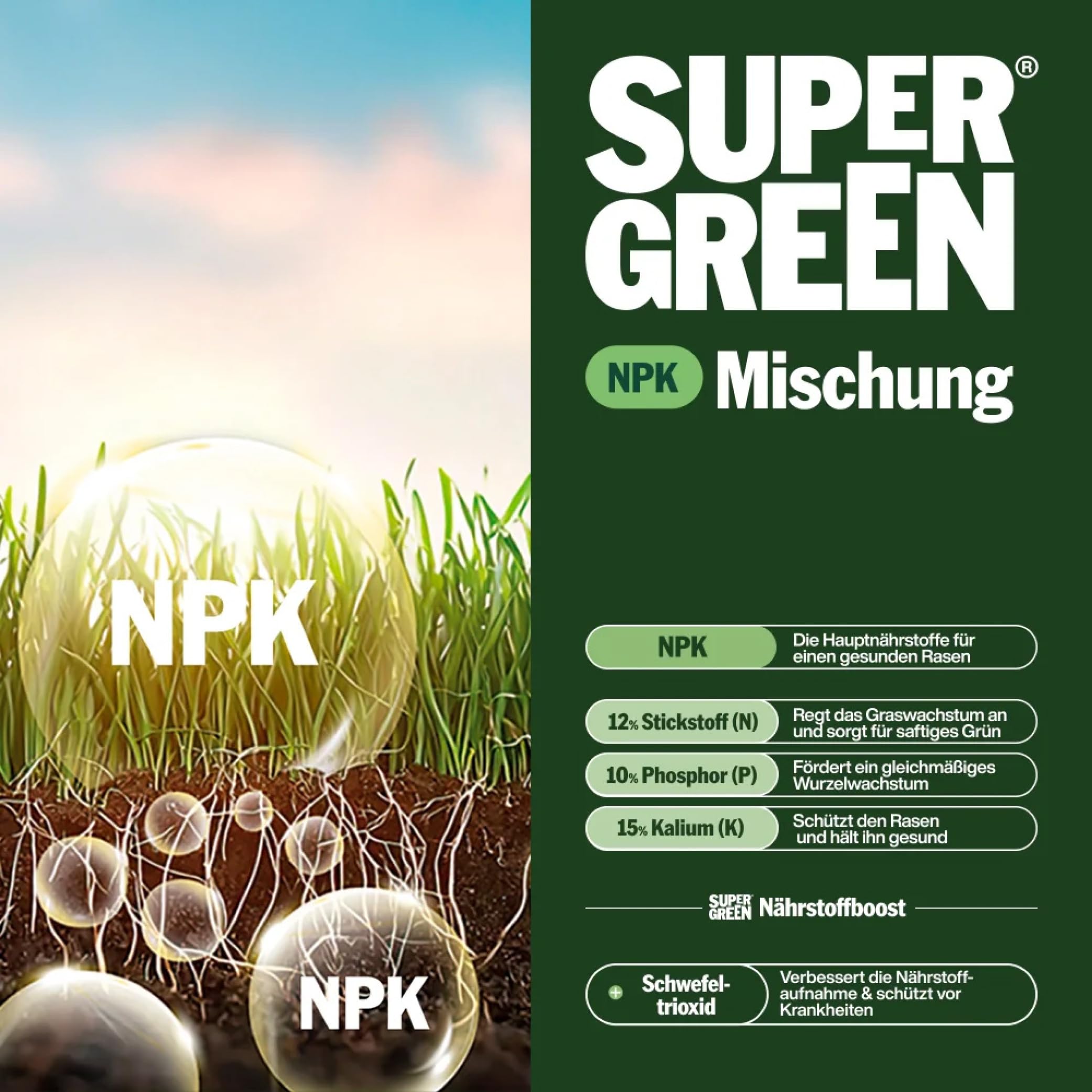 SUPERGREEN Universal-Rasendünger Langzeit bis 60 Tage | 20kg für 1000m² | NPK 12-10-15 für dichten, sattgrünen, gesunden Rasen | Nitratfrei & staubfreies Granulat (2-5 mm) | Ganzjahresdünger