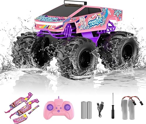 Coche de control remoto para niñas, camión monstruo rosa 118, autos RC anfibios, camiones RC impermeables de 2.4 GHz, camioneta todoterreno 4WD,