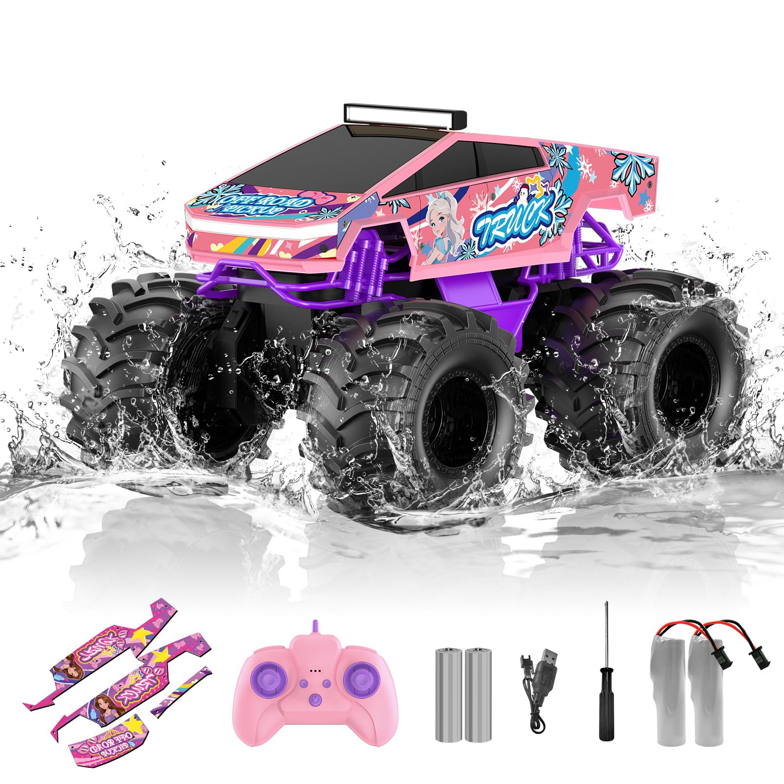 Remote Control Car for Girls,1:18 Pink Monster Truck Toys Amphibious RC Car | 2.4 GHz Waterproof RC Trucks, 4WD All Terrain Off-Road Pickup, Girls Toys for 6-12 Year Old Kids Christmas Birthday Gifts