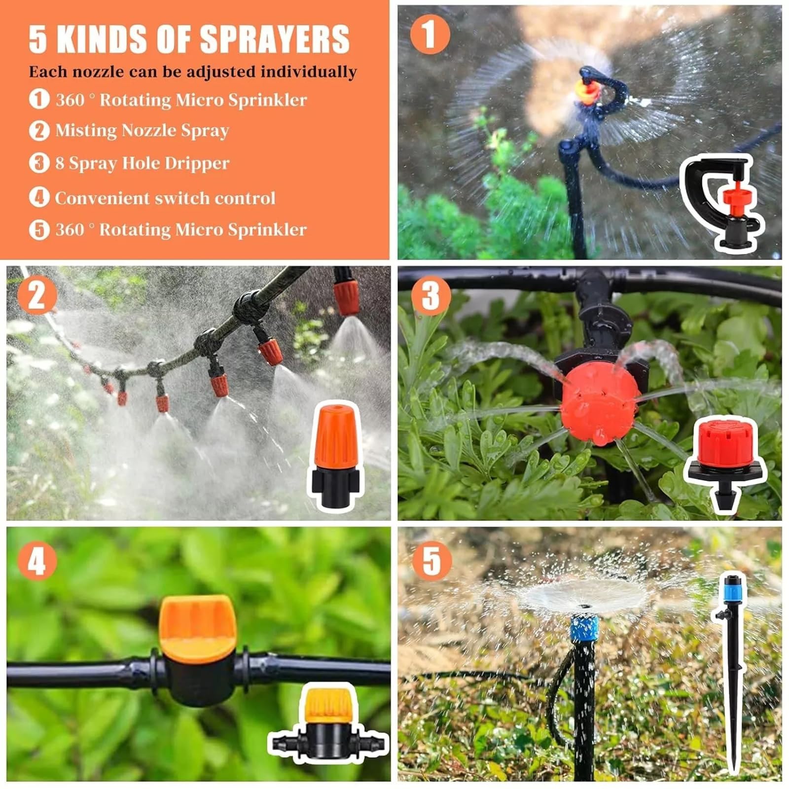 Sistema di irrigazione a goccia per giardino, micro irrigatori fai da te, sistema automatico di irrigazione delle piante con 5 tipi di spruzzatori, tubo per irrigazione, connettori per cortile esterno