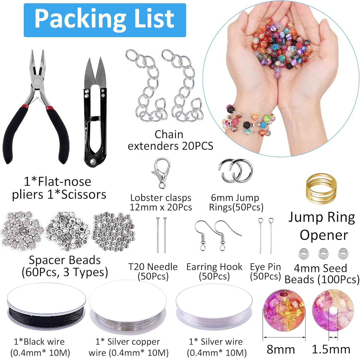 Wergund 878Pcs Lava Beads Chakra Beads Glass Crackle Beads Kit - with Spacer Beads Jump Ring Jewelry Findings for Diffuser Essential Oils Yoga, Bracelets Earrings Necklace DIY Jewelry Making Supplies