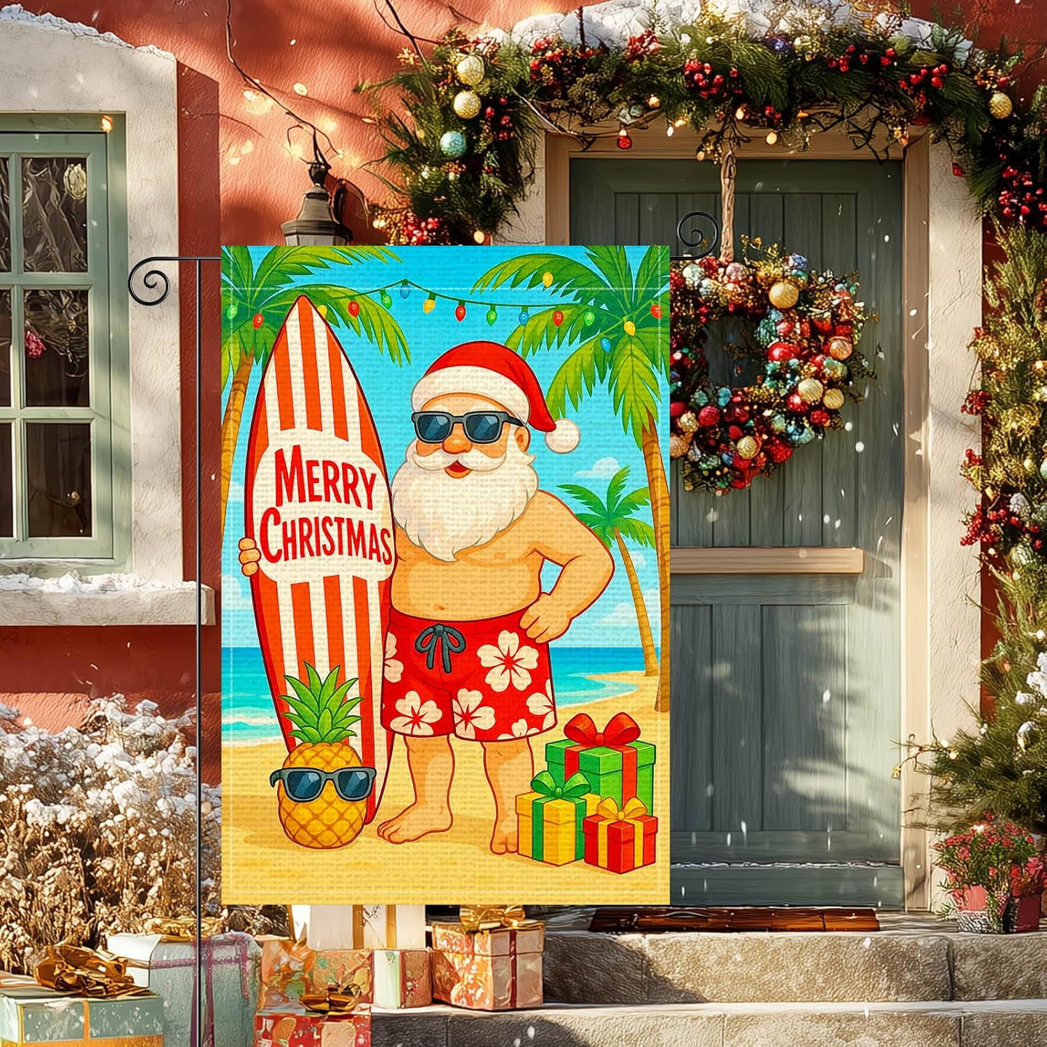 Merry Christmas Garden Flag 12x18 Inch Welcome Garden Flags Burlap Double-Sided Beach Santa Surfboard Pineapple Gifts Seasonal Outdoor Holiday Banner Winter Flag for Yard Lawn Decoration - Image 2