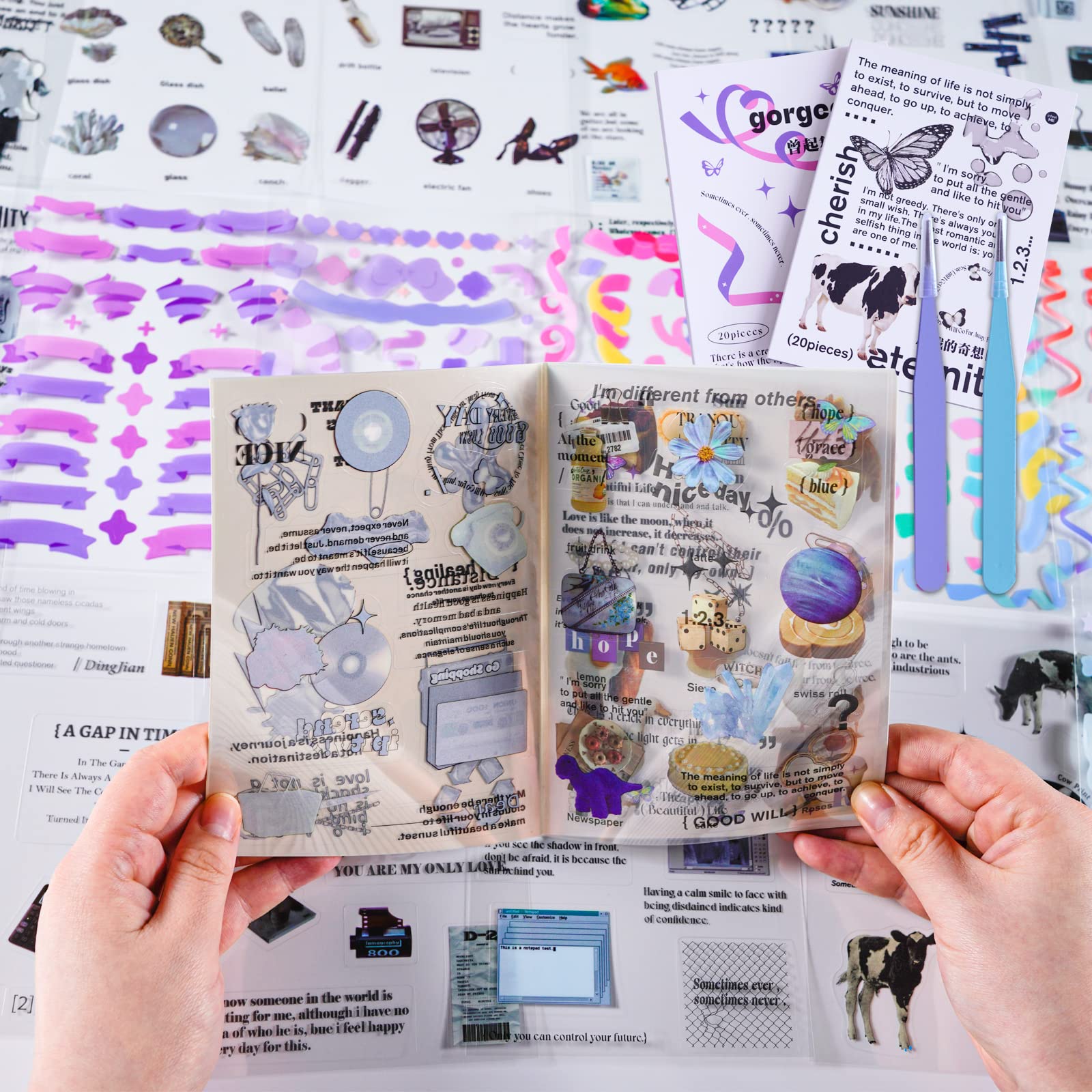 TOBTUKE 360 Pieces Transparent Aesthetic Stickers,Waterproof Photocard Scrapbook Stickers,Planner Sticker for DIY Manual Notebook Decoration(Extra Tweezers)